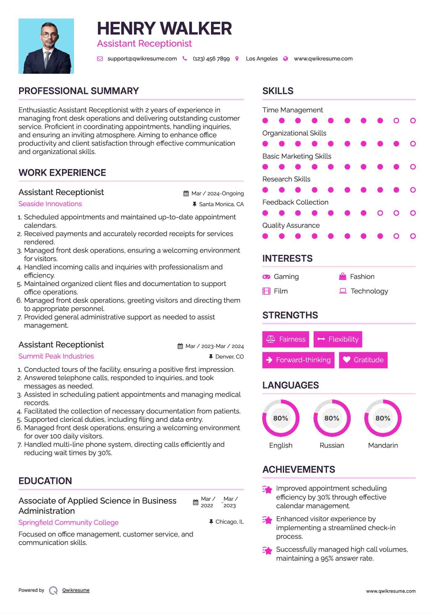Assistant Receptionist Resume Model