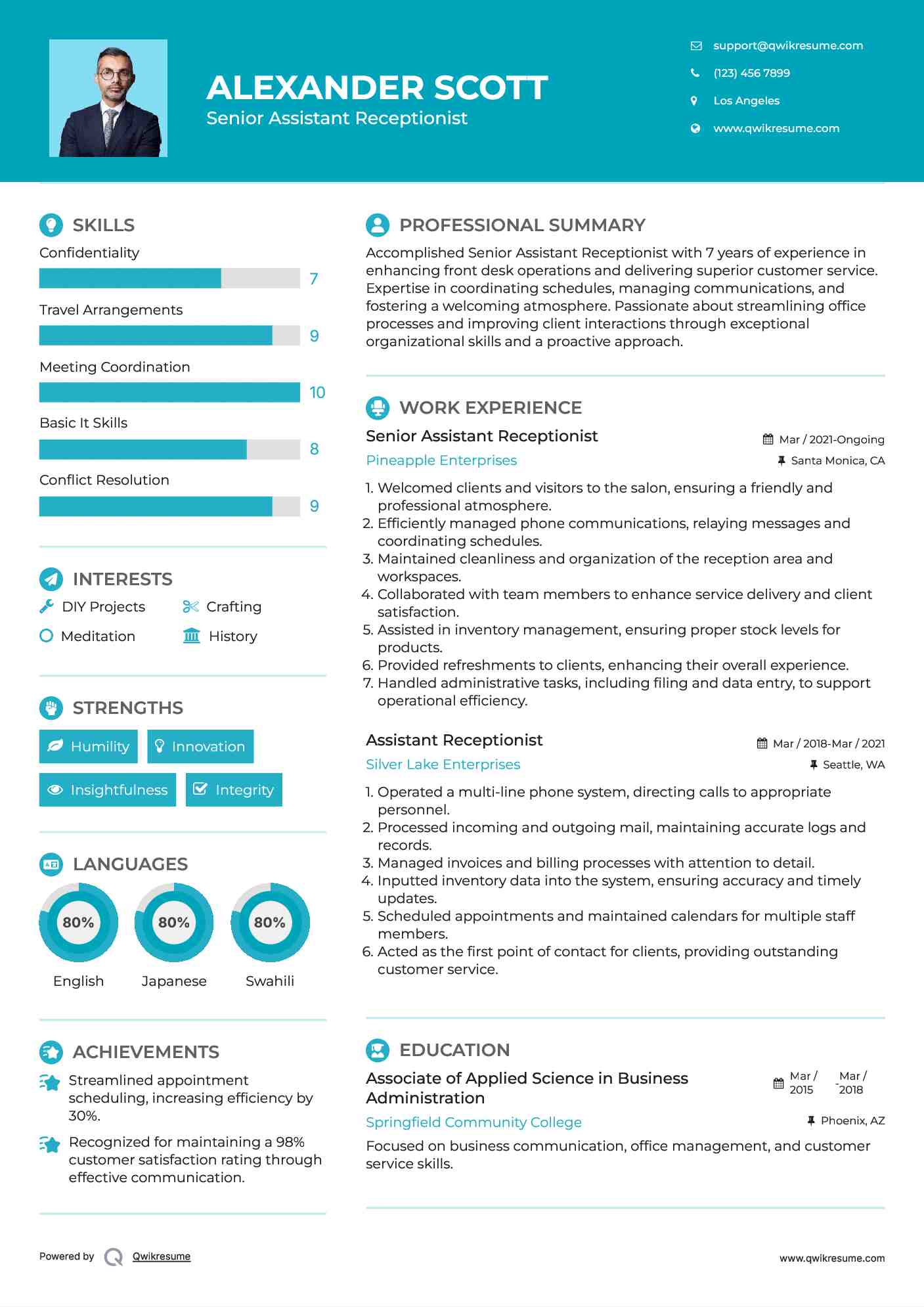 Senior Assistant Receptionist Resume Example