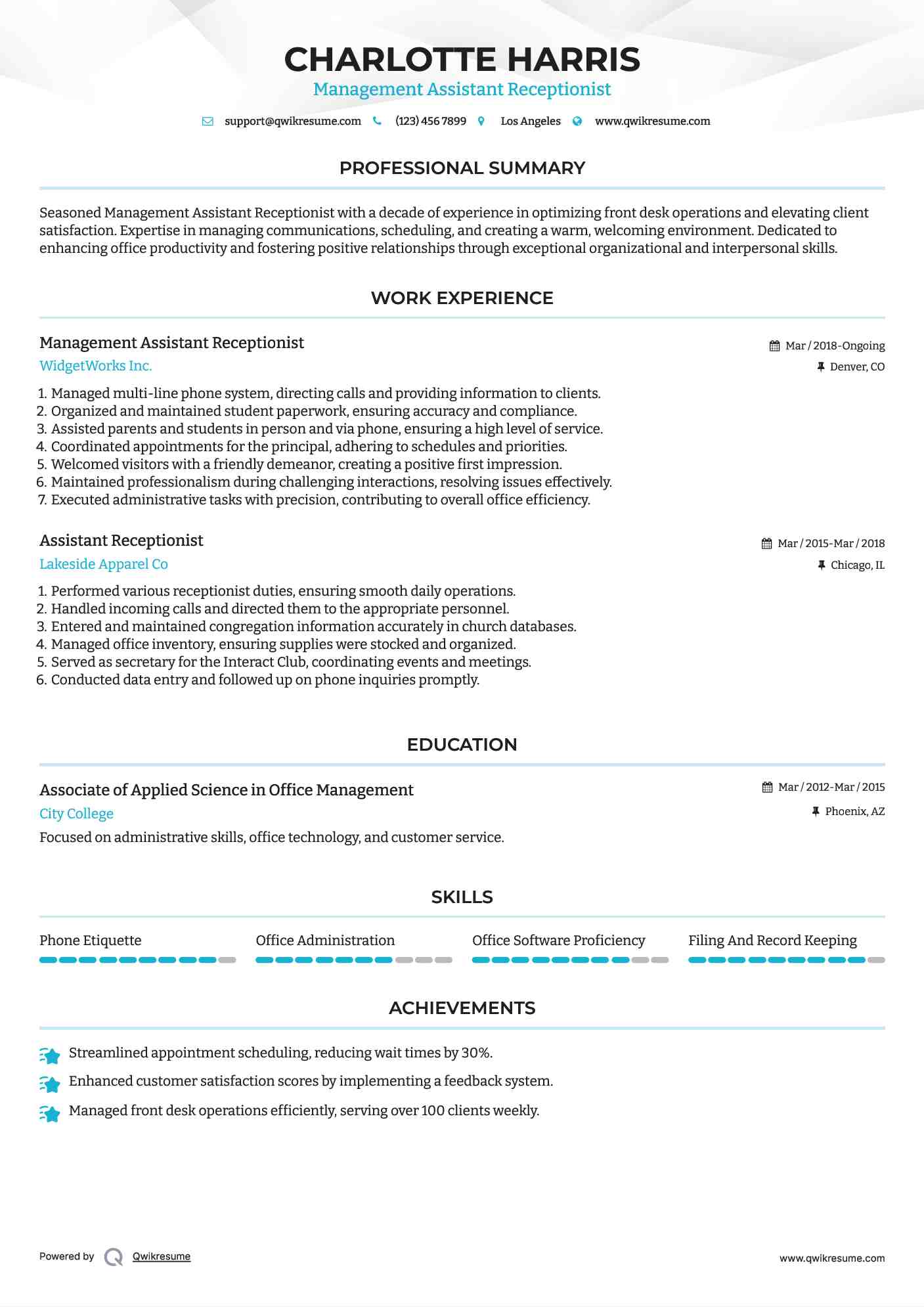 Management Assistant Receptionist Resume Model