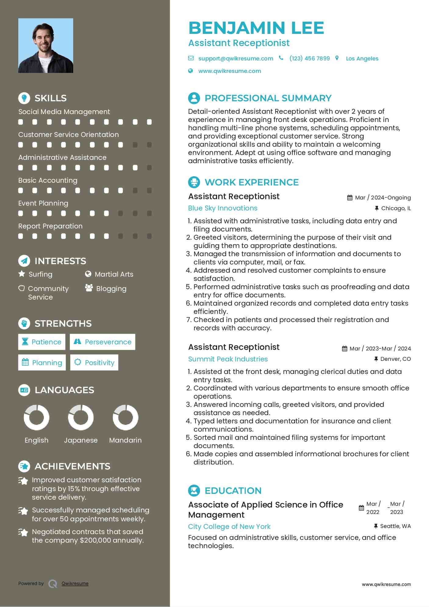 Assistant Receptionist Resume Template