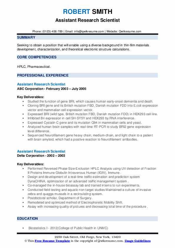 Assistant Research Scientist Resume Samples QwikResume