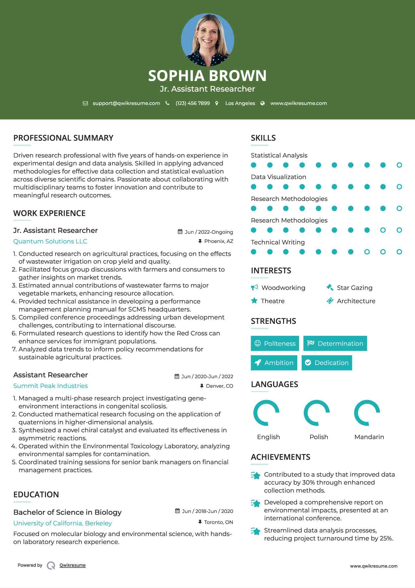 Jr. Assistant Researcher Resume Example