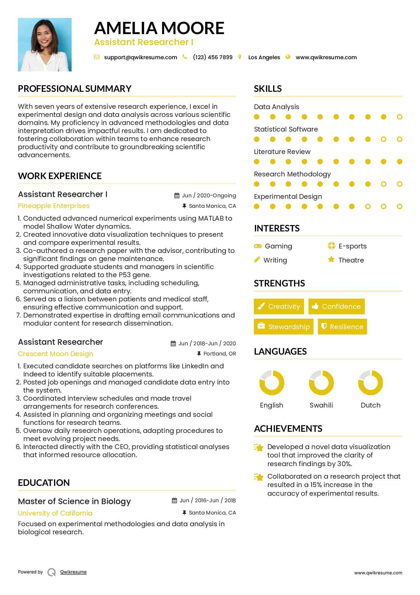 Assistant Researcher I Resume Example