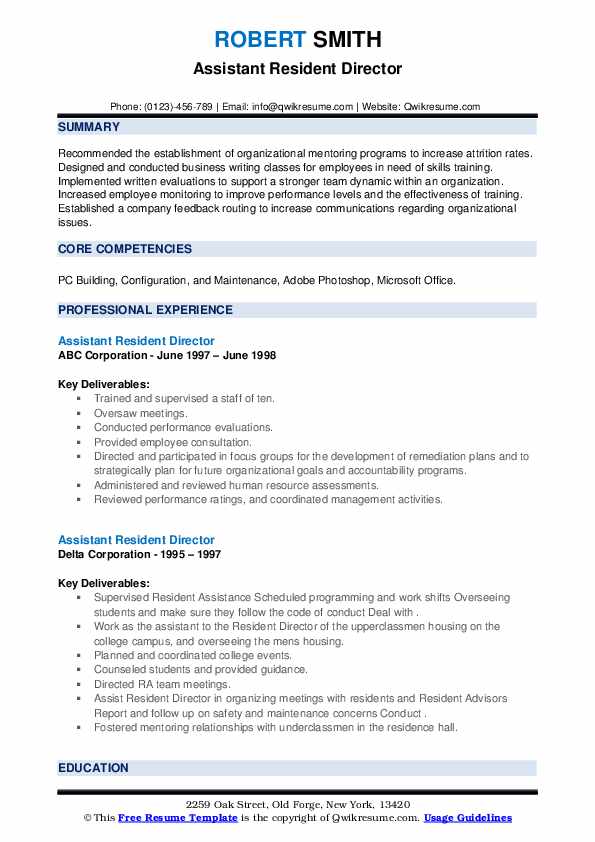 Assistant Resident Director Resume - Assistant Resident Director 1610816474 Pdf 