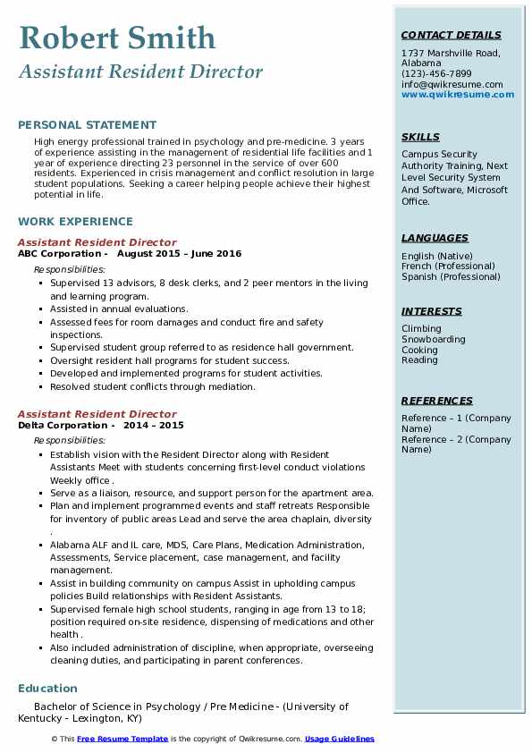 Assistant Resident Director Resume - Assistant Resident Director 1610816564 Pdf 