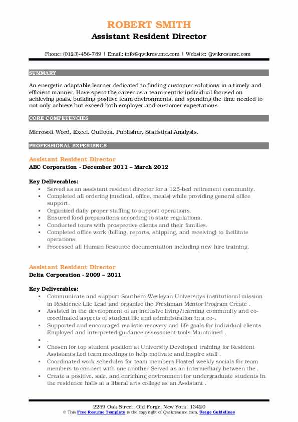 Assistant Resident Director Resume - Assistant Resident Director 1610816726 Pdf 
