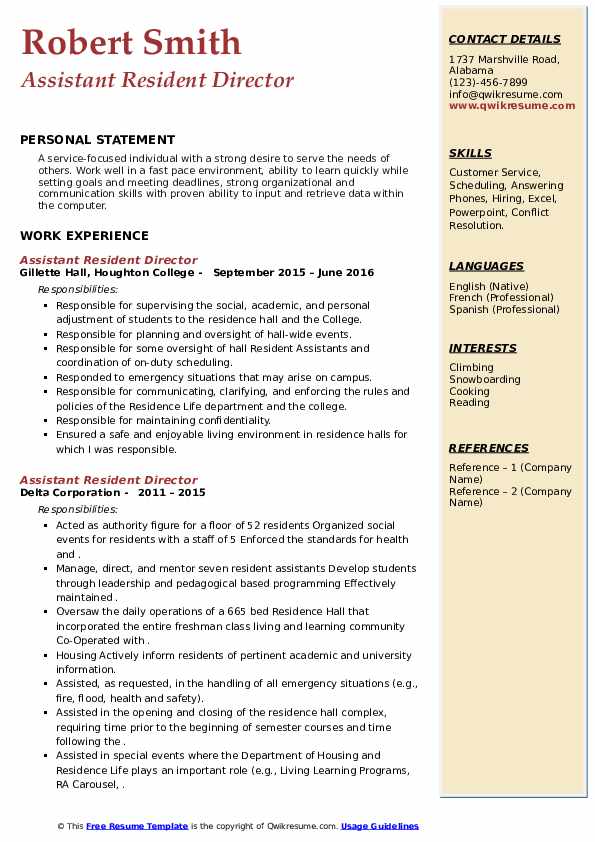 Assistant Resident Director Resume - Assistant Resident Director 1610816782 Pdf 