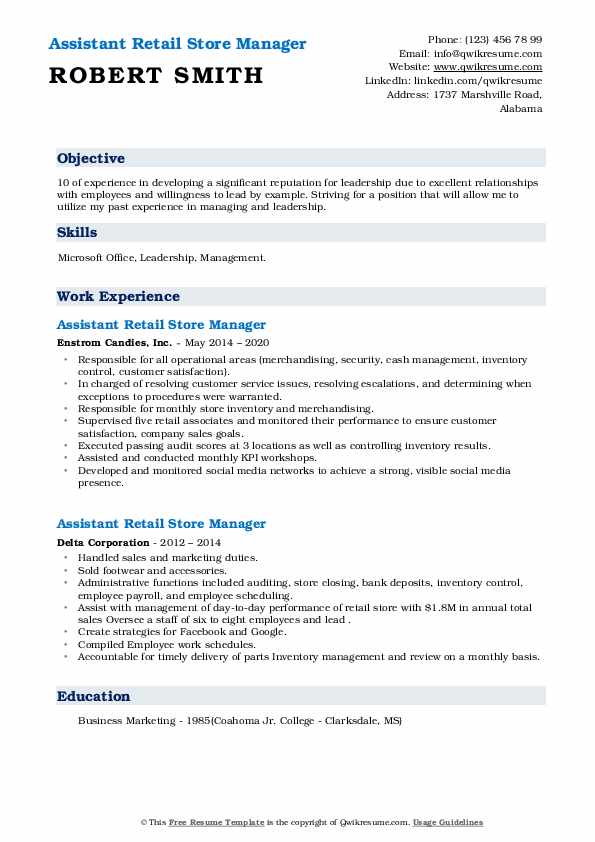 Assistant Retail Store Manager Resume Samples QwikResume