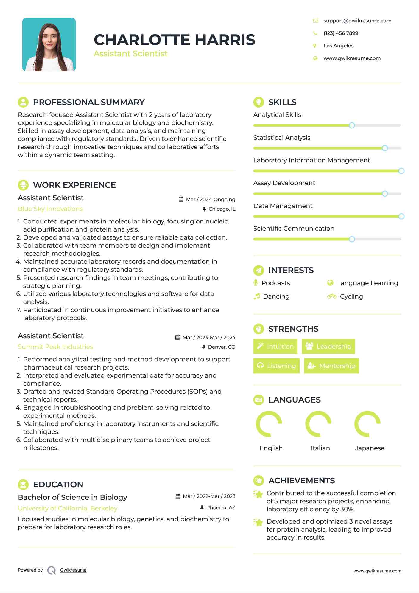 Assistant Scientist Resume Example