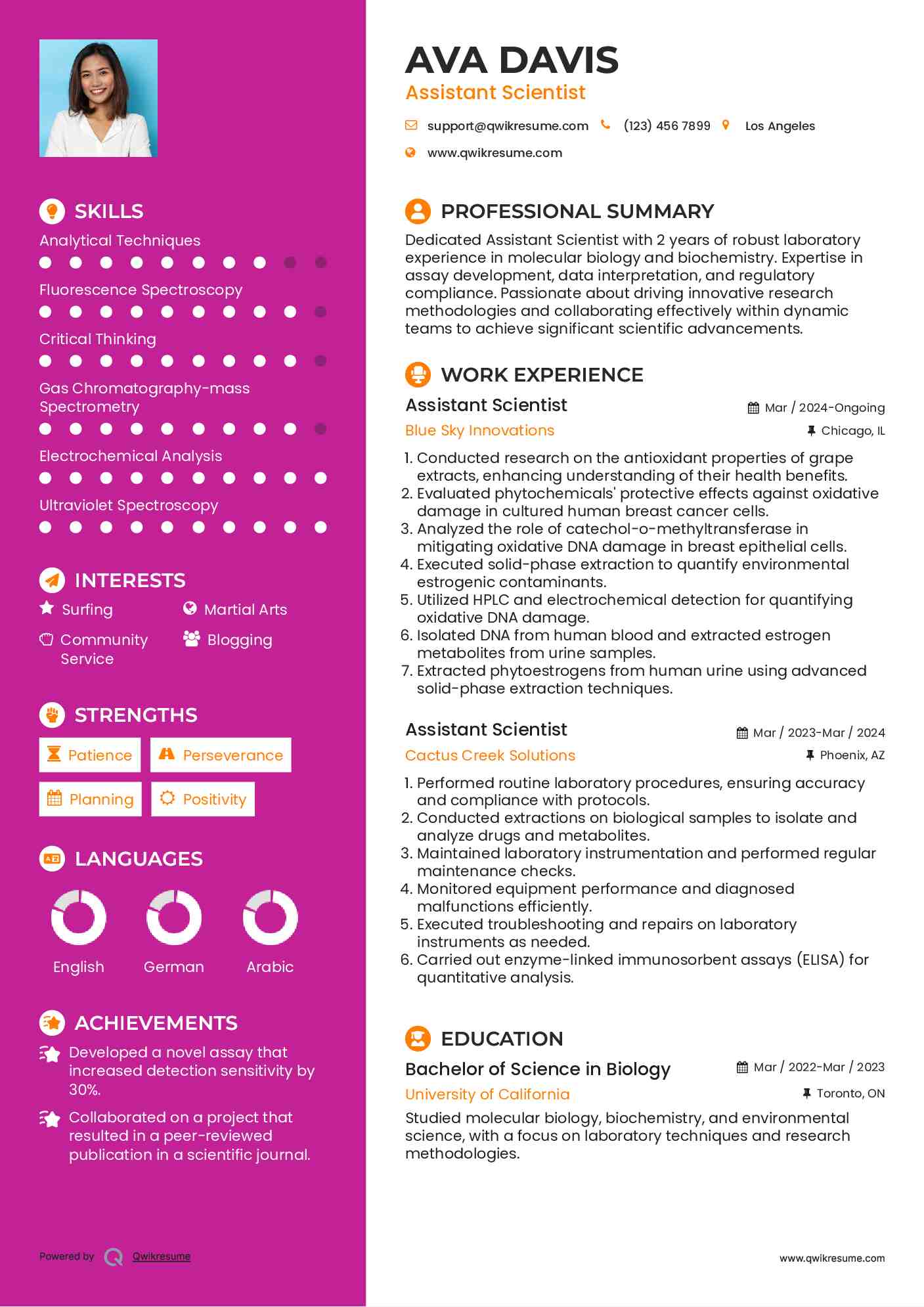 Assistant Scientist Resume Sample