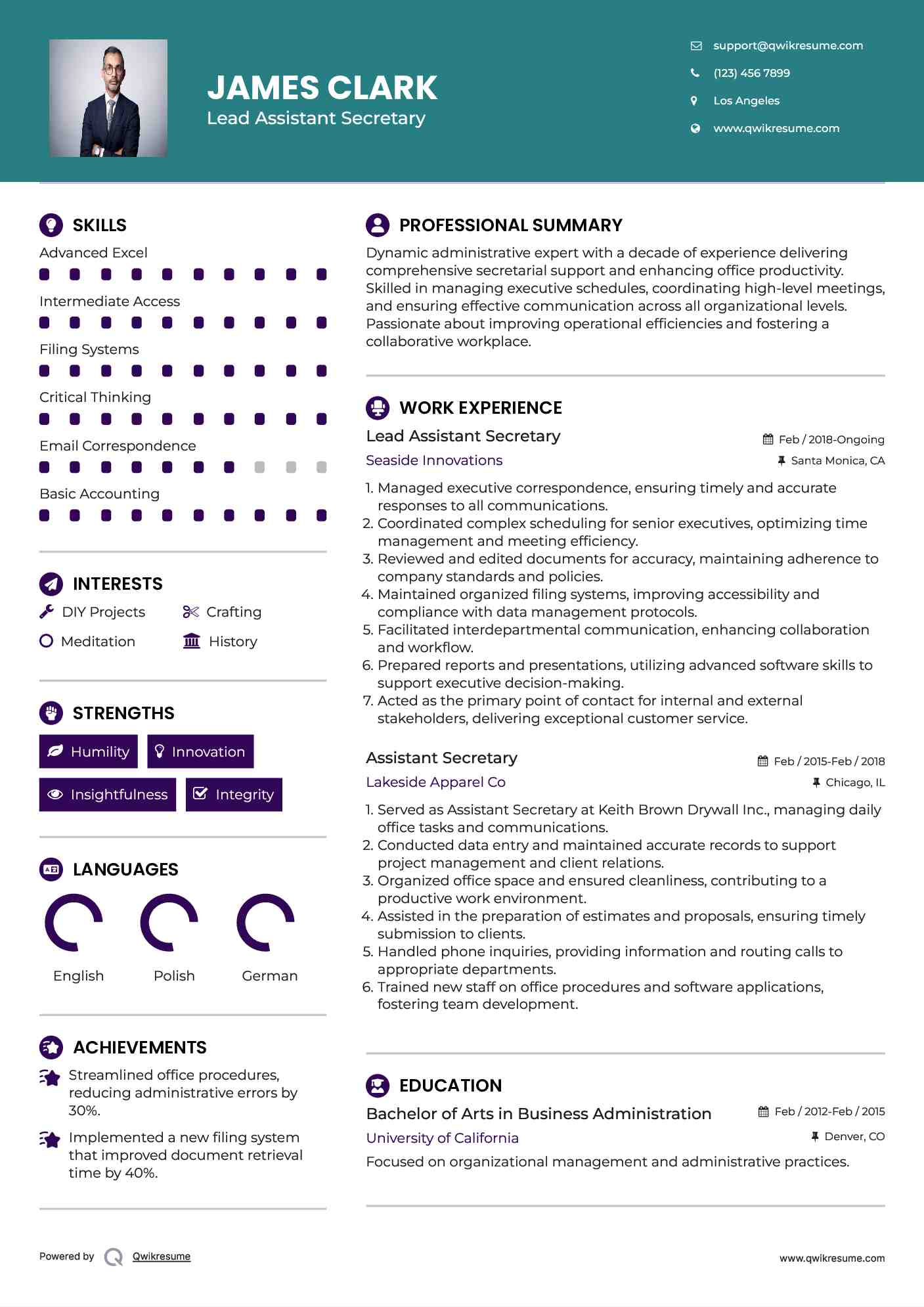 Lead Assistant Secretary Resume Format