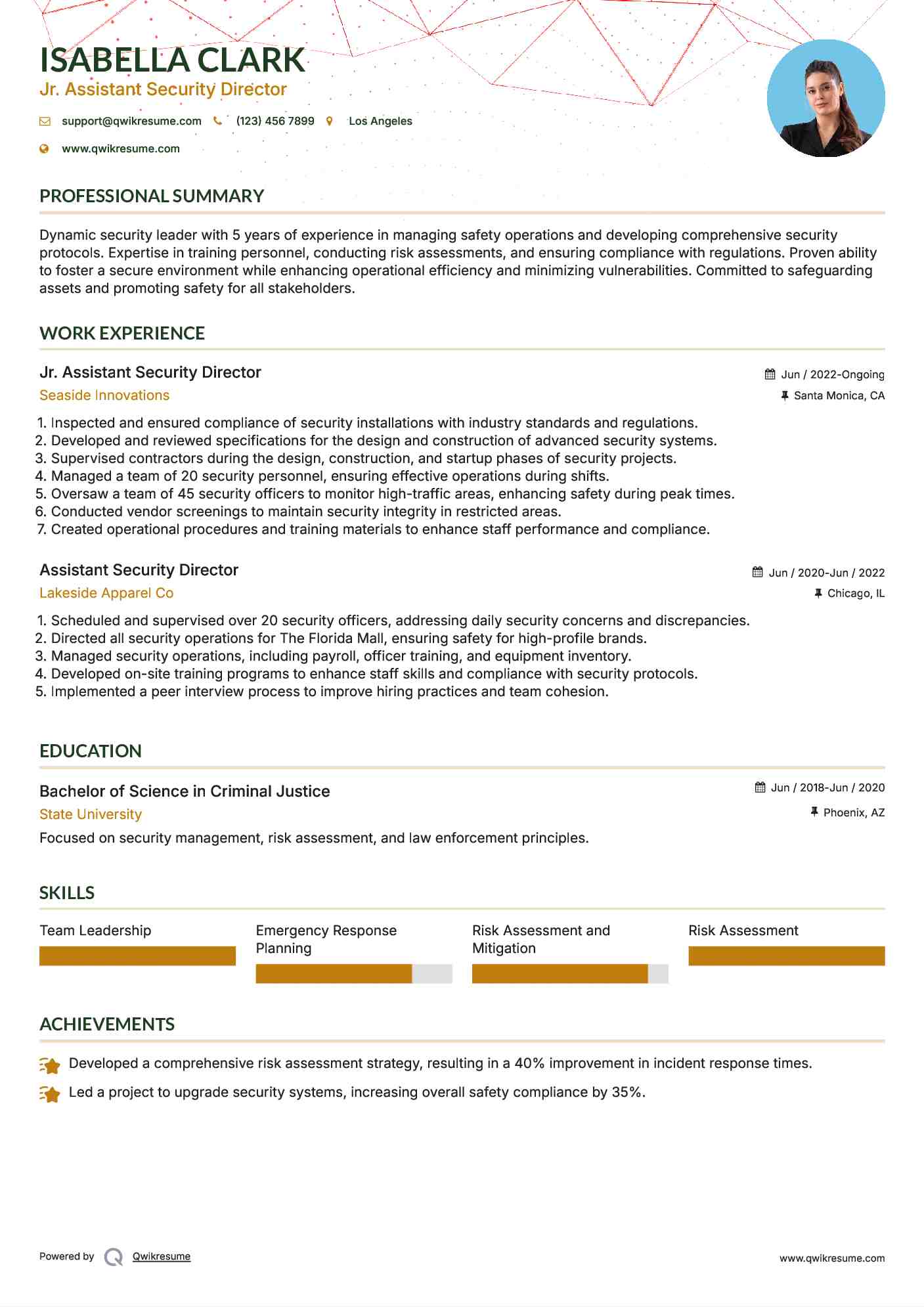 Jr. Assistant Security Director Resume Format