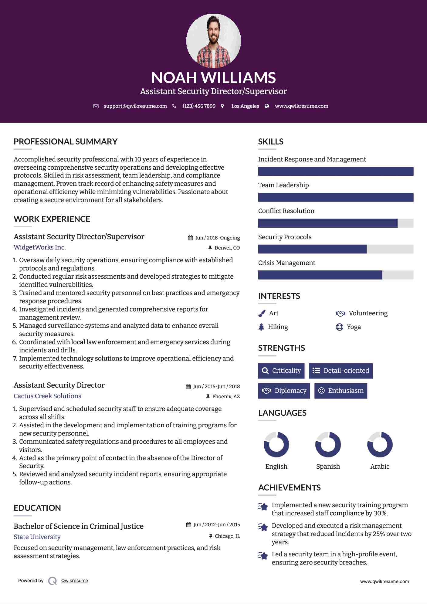 Assistant Security Director/Supervisor Resume Sample