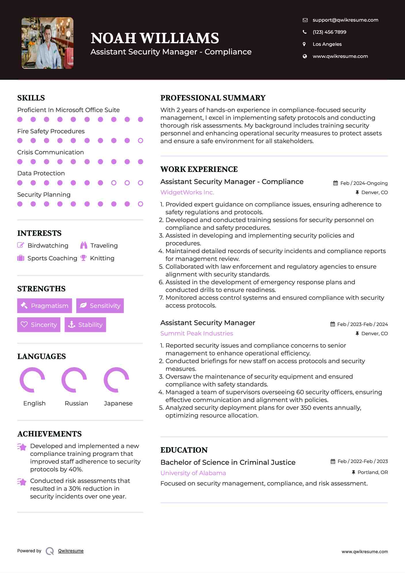 Assistant Security Manager - Compliance Resume Template