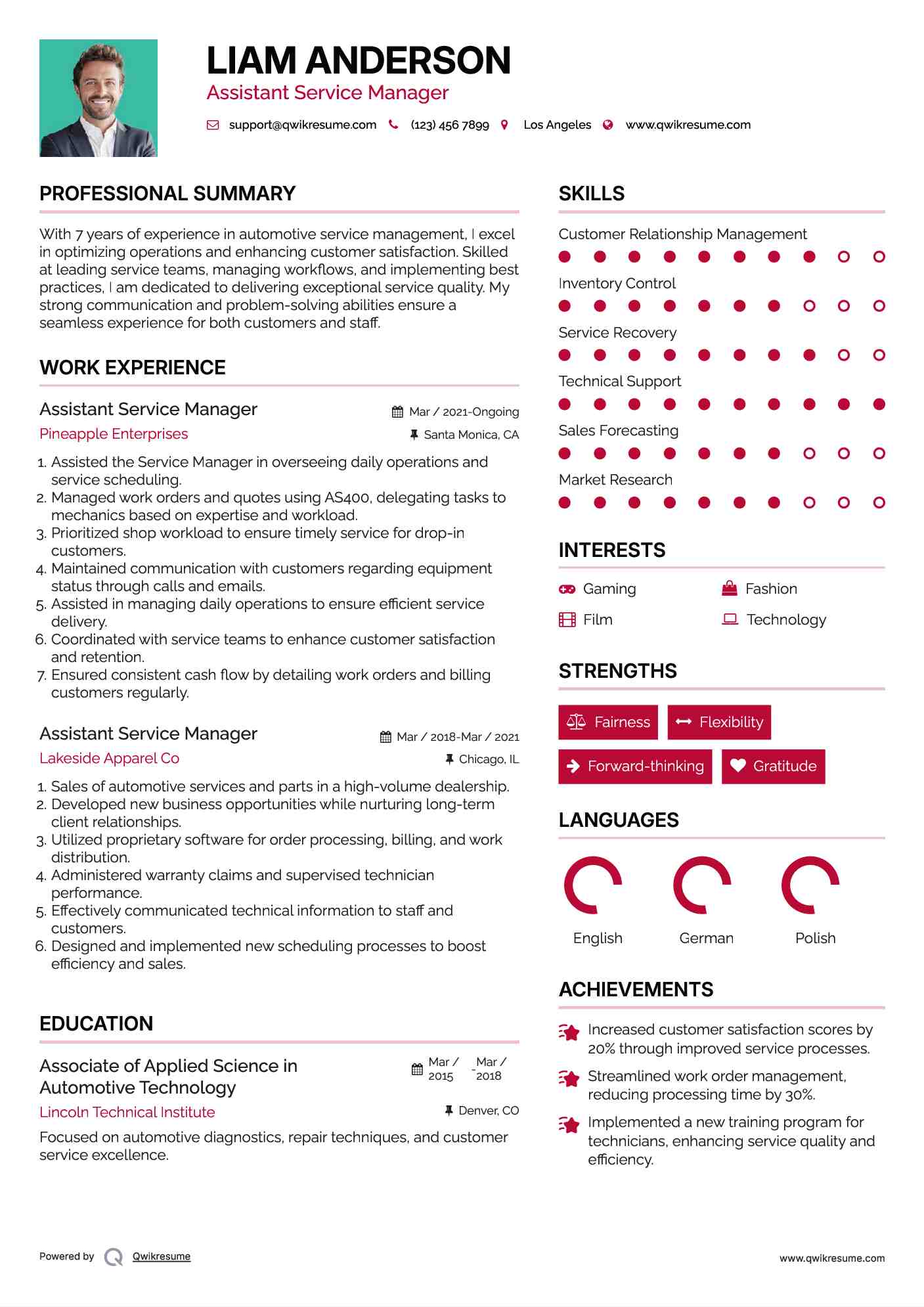 Assistant Service Manager Resume Example