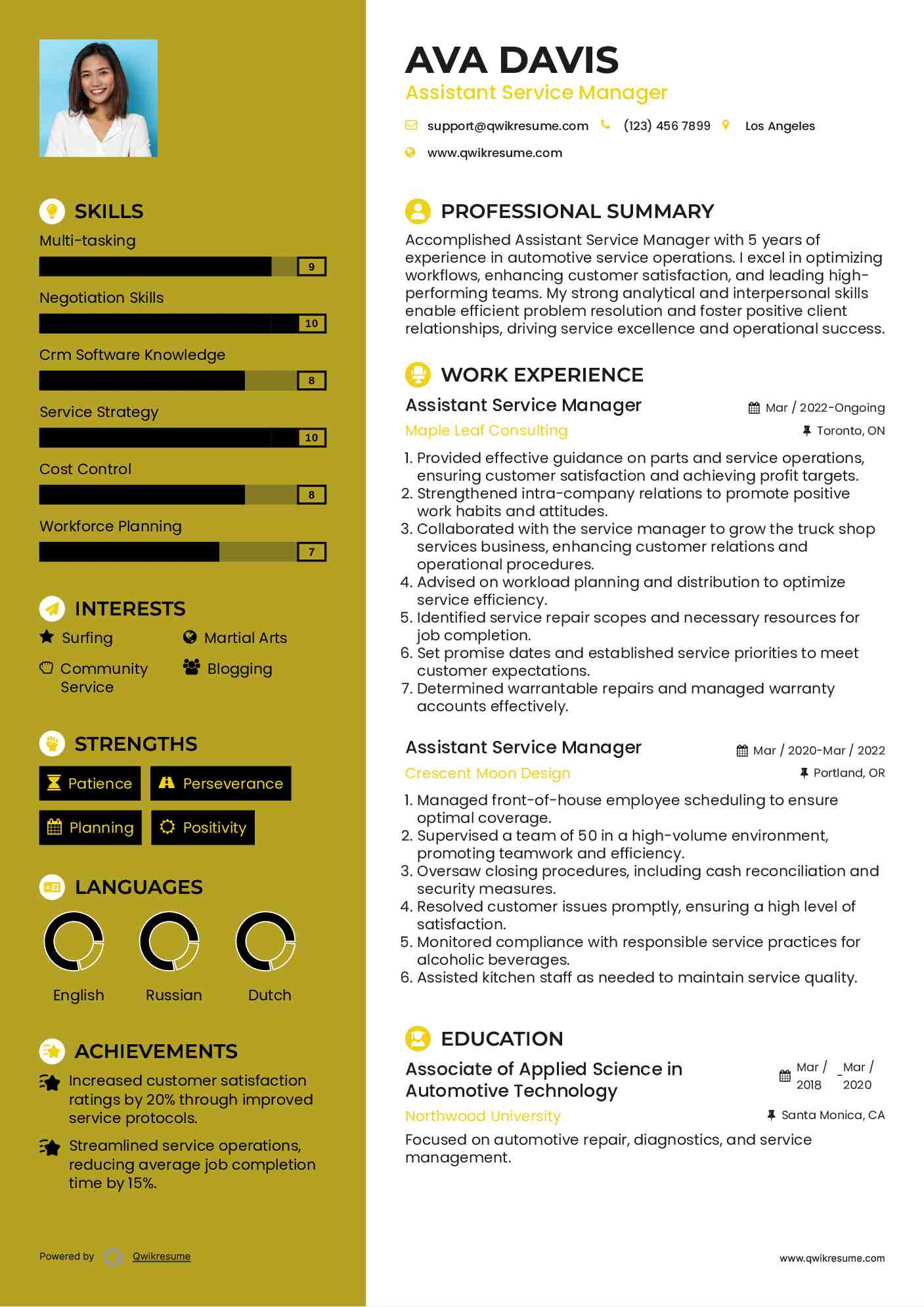 Assistant Service Manager Resume Samples QwikResume