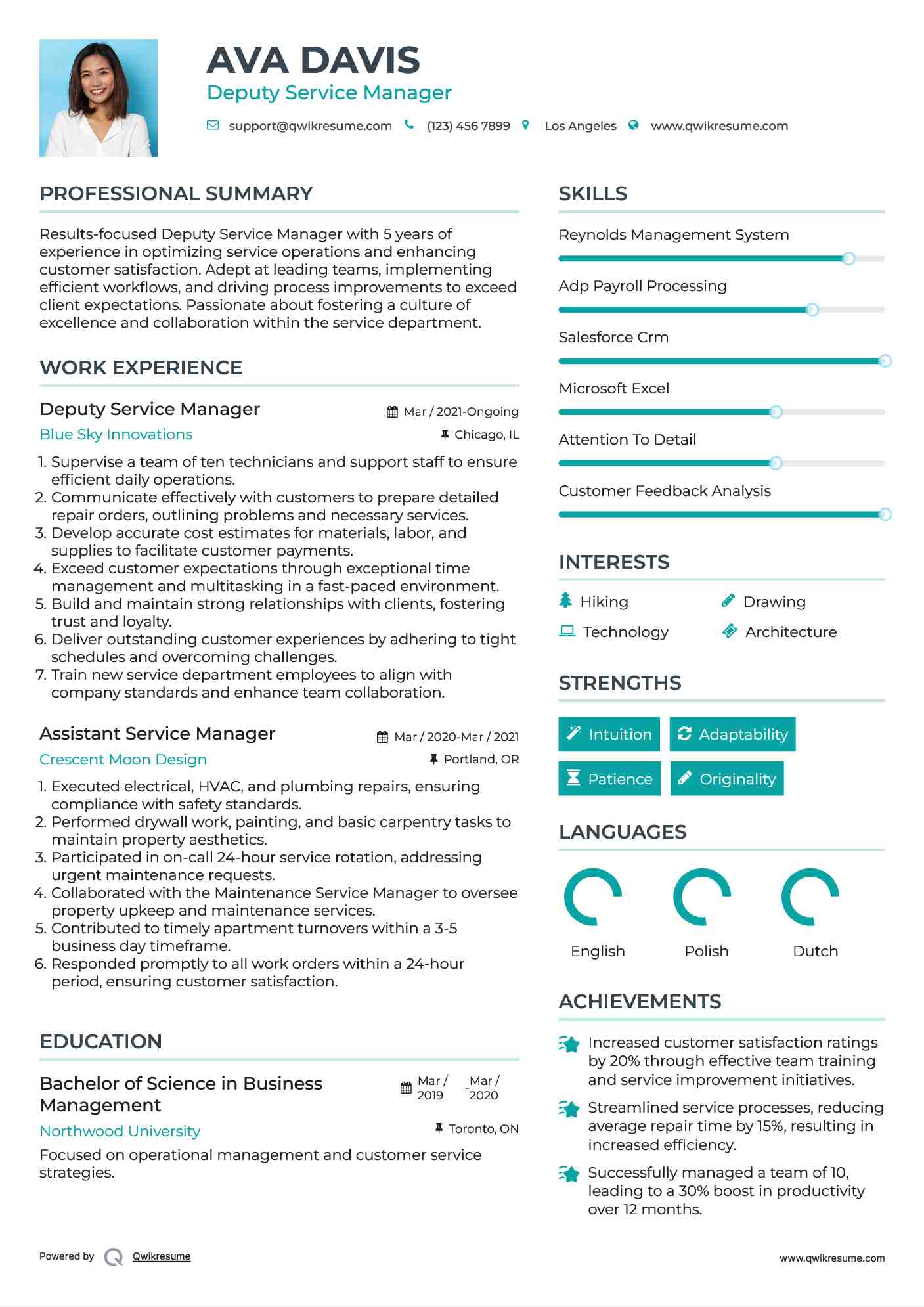 Deputy Service Manager Resume Example