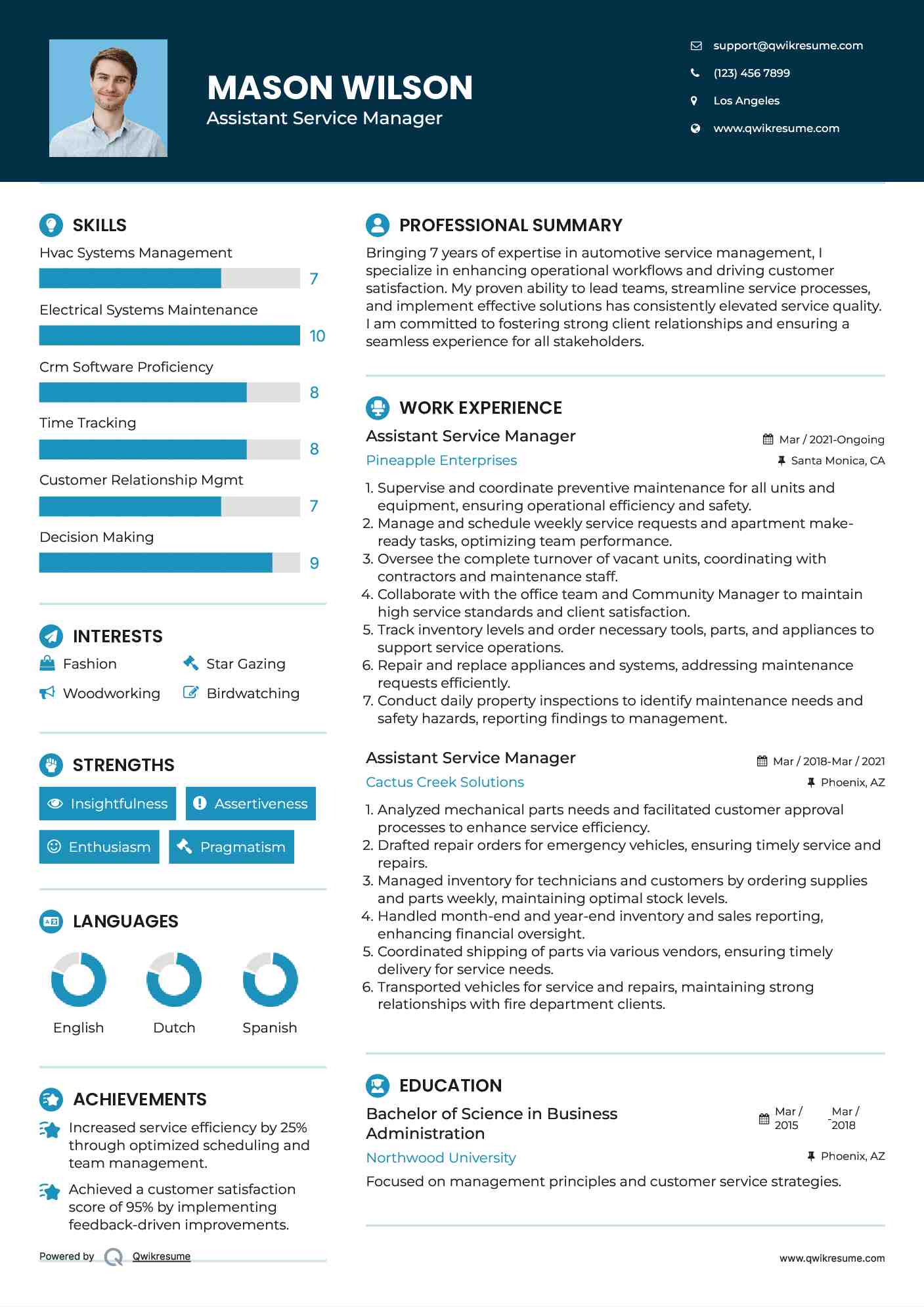 Assistant Service Manager Resume Example