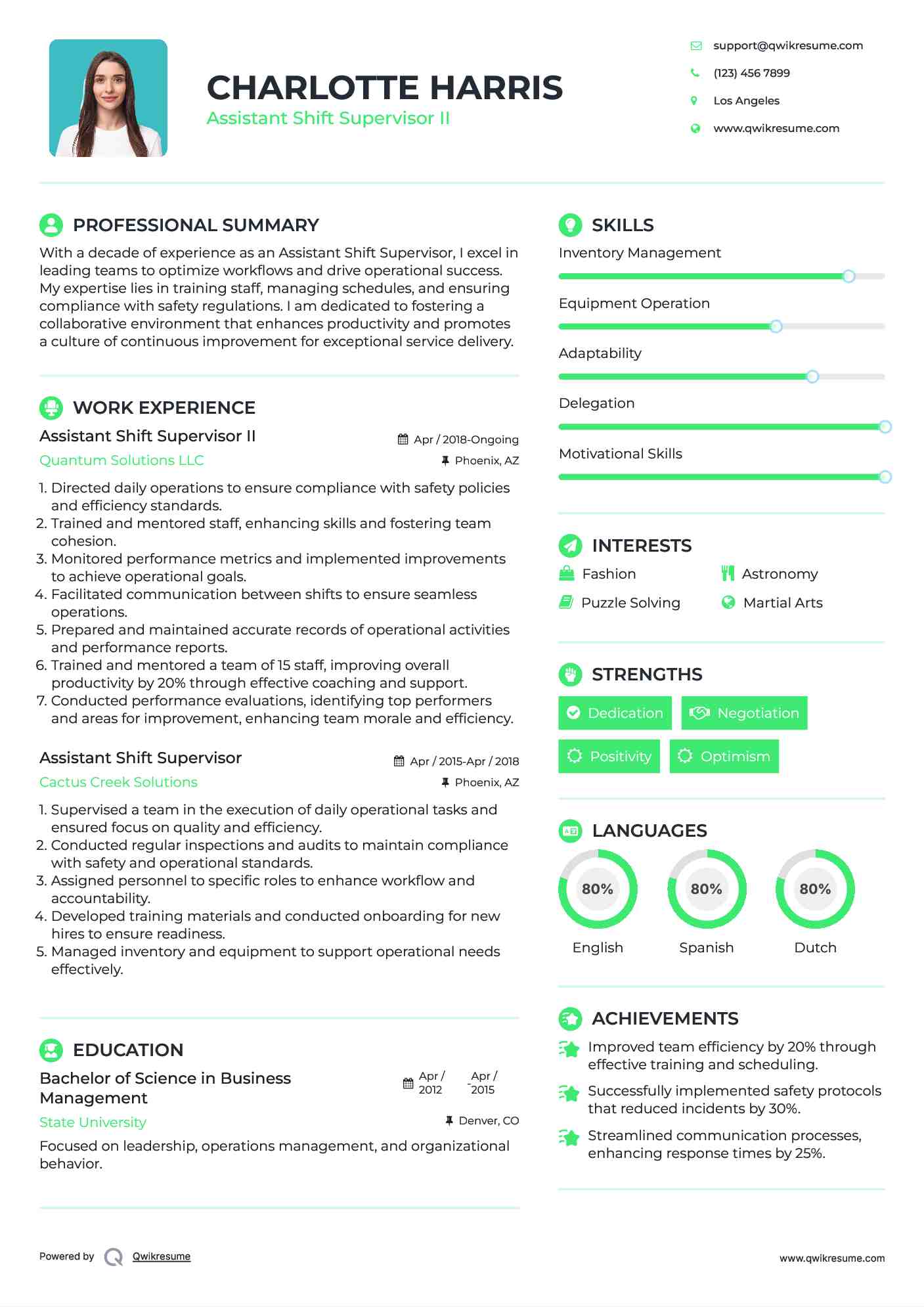 Assistant Shift Supervisor II Resume Template
