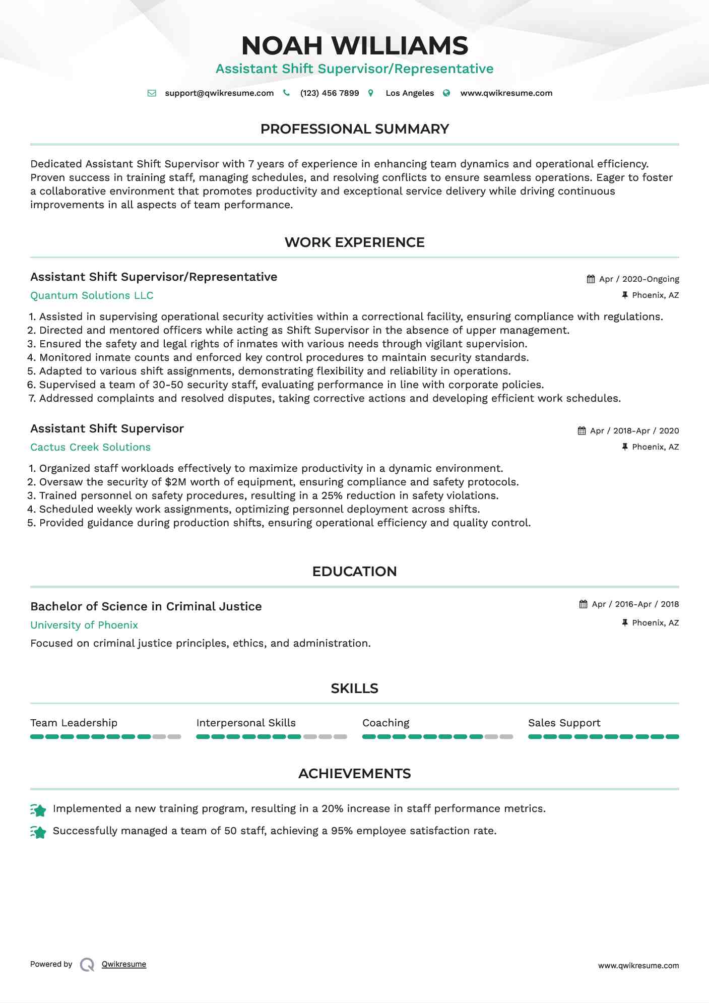 Assistant Shift Supervisor/Representative Resume Template
