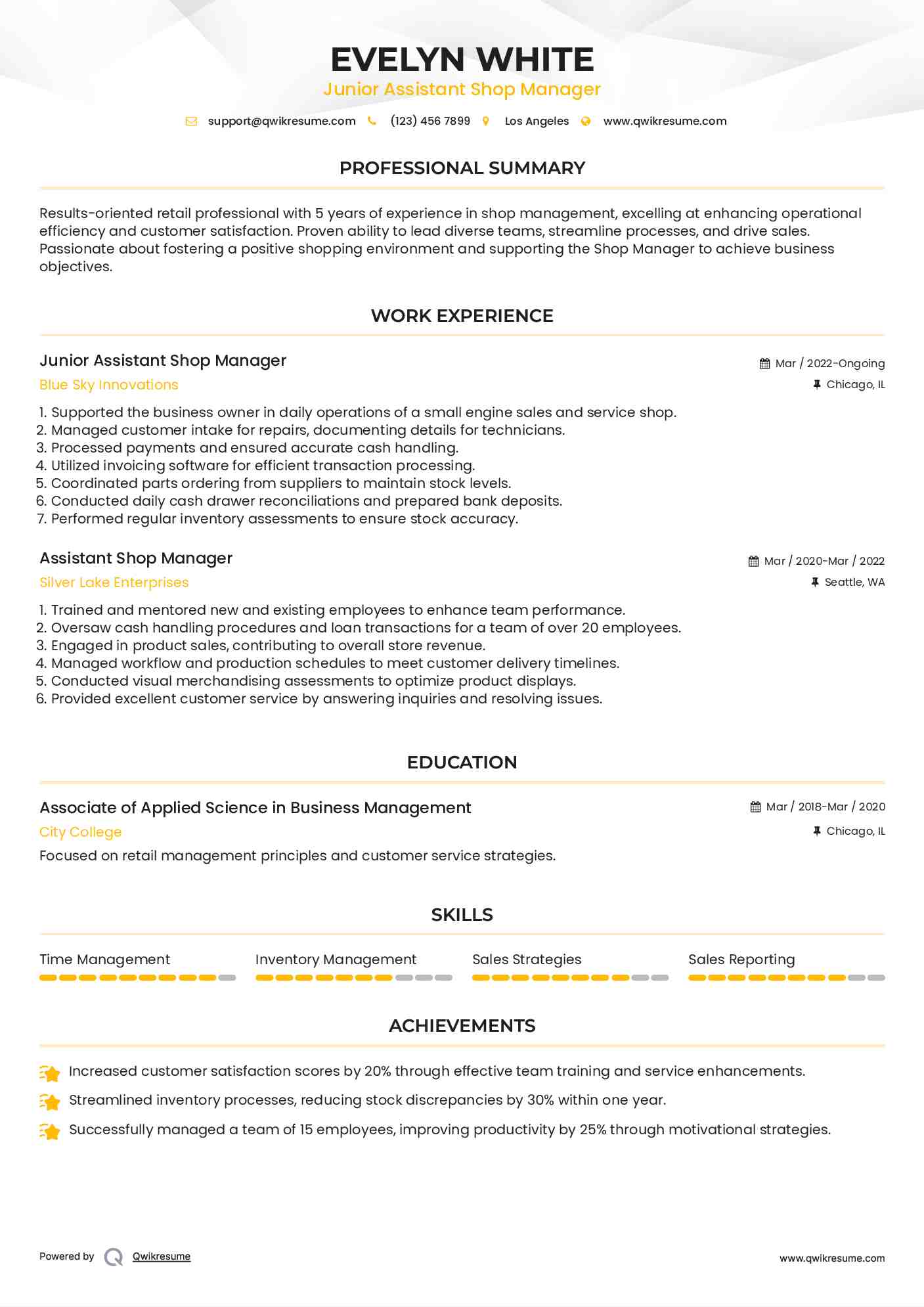 Junior Assistant Shop Manager Resume Model