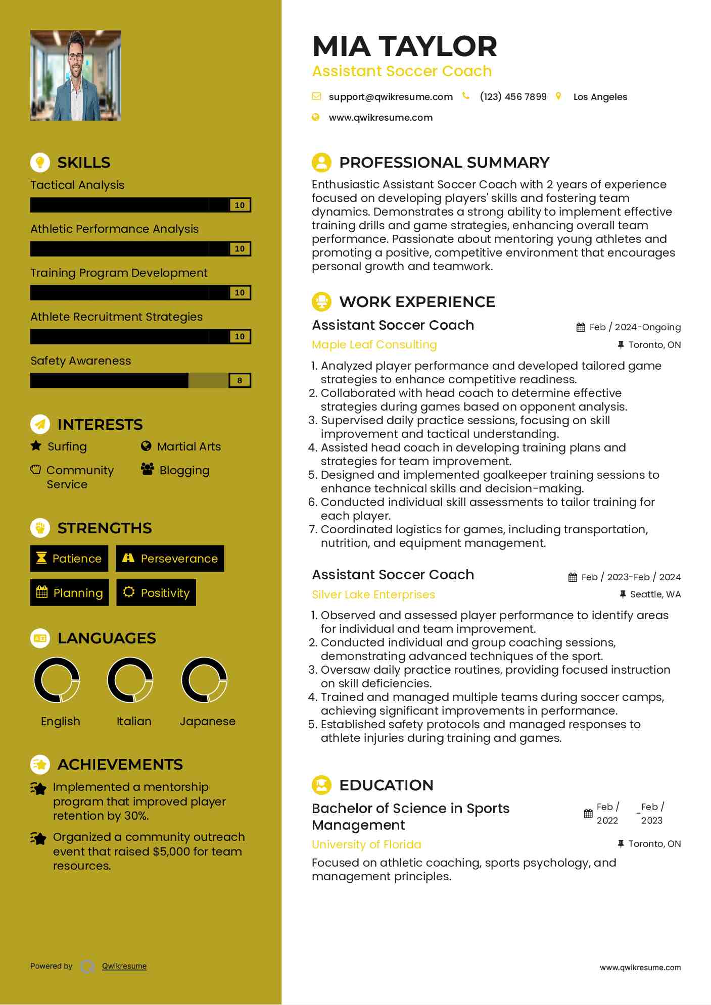 assistant soccer coach resume