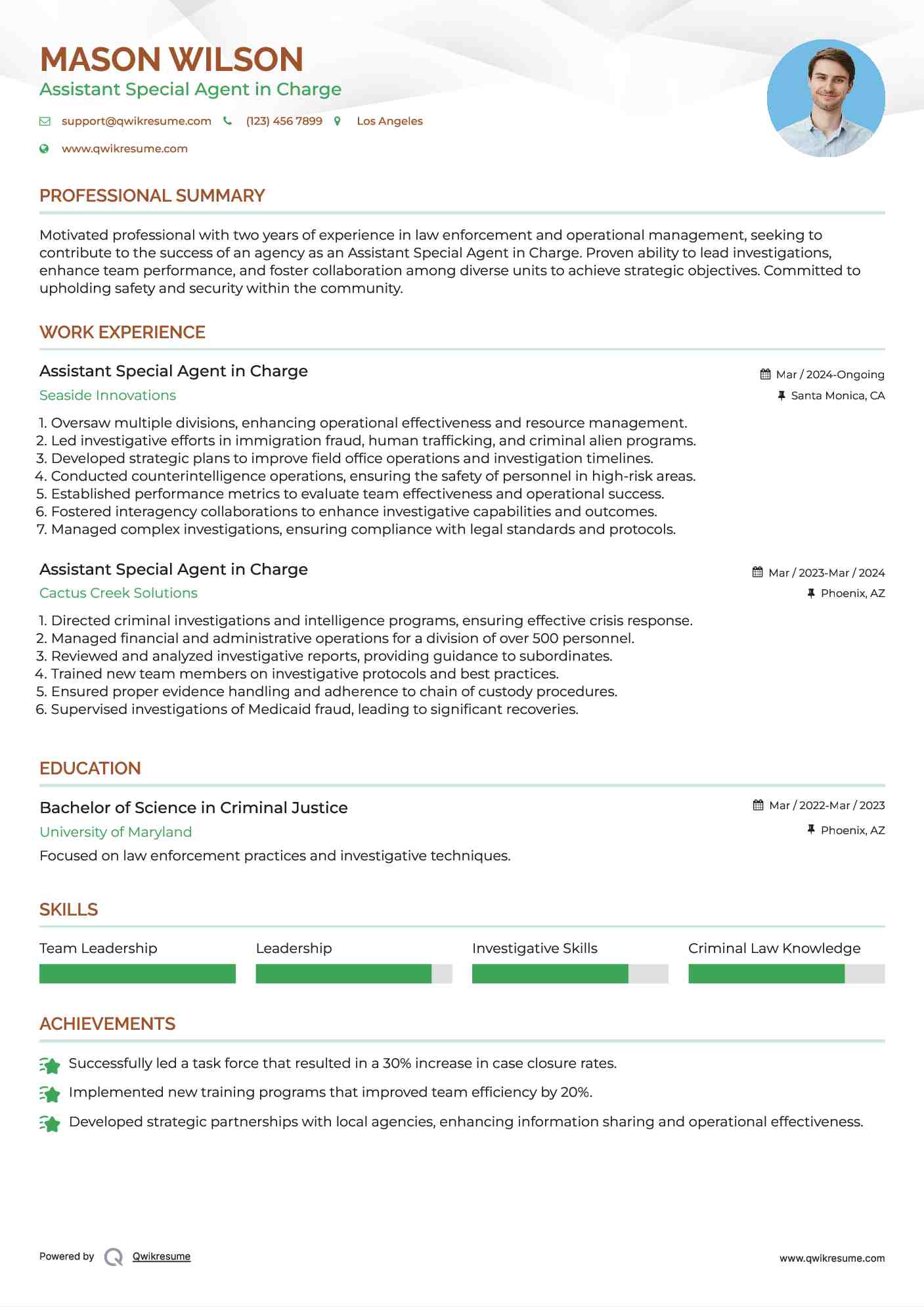 Assistant Special Agent in Charge Resume Sample