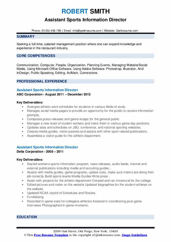 Assistant Sports Information Director Resume Samples QwikResume