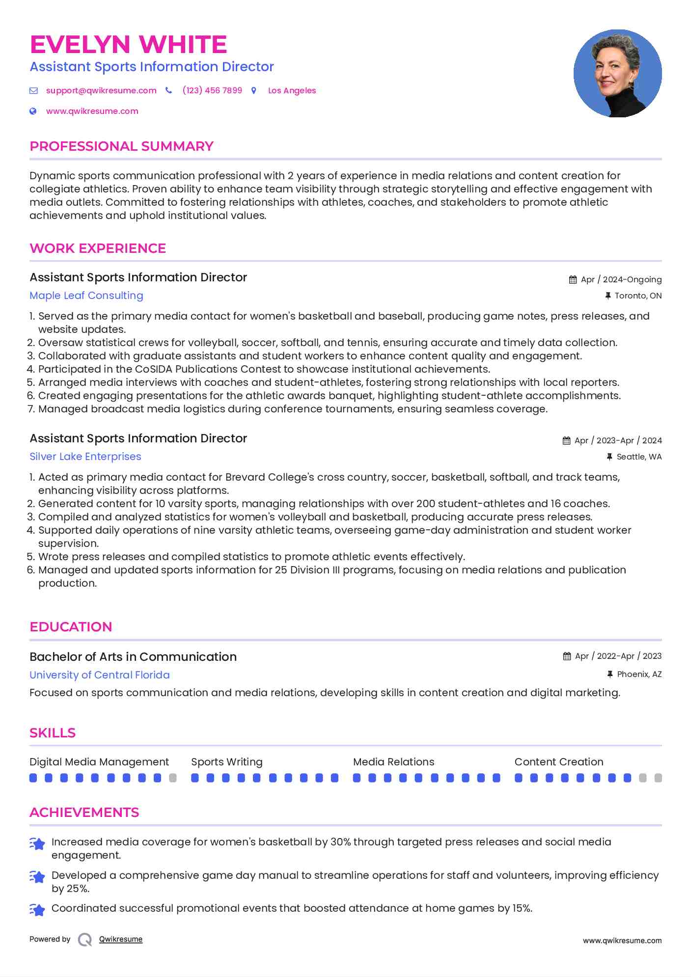 Assistant Sports Information Director Resume Samples QwikResume