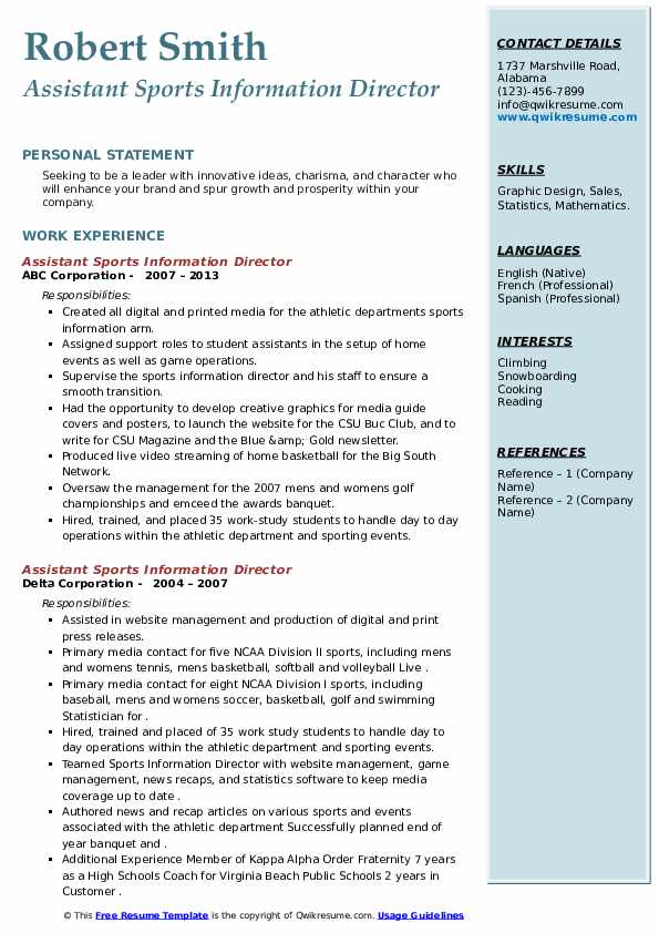 Assistant Sports Information Director Resume Samples QwikResume