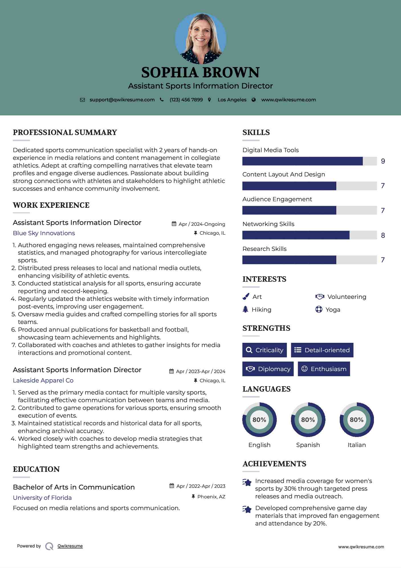 Assistant Sports Information Director Resume Samples QwikResume