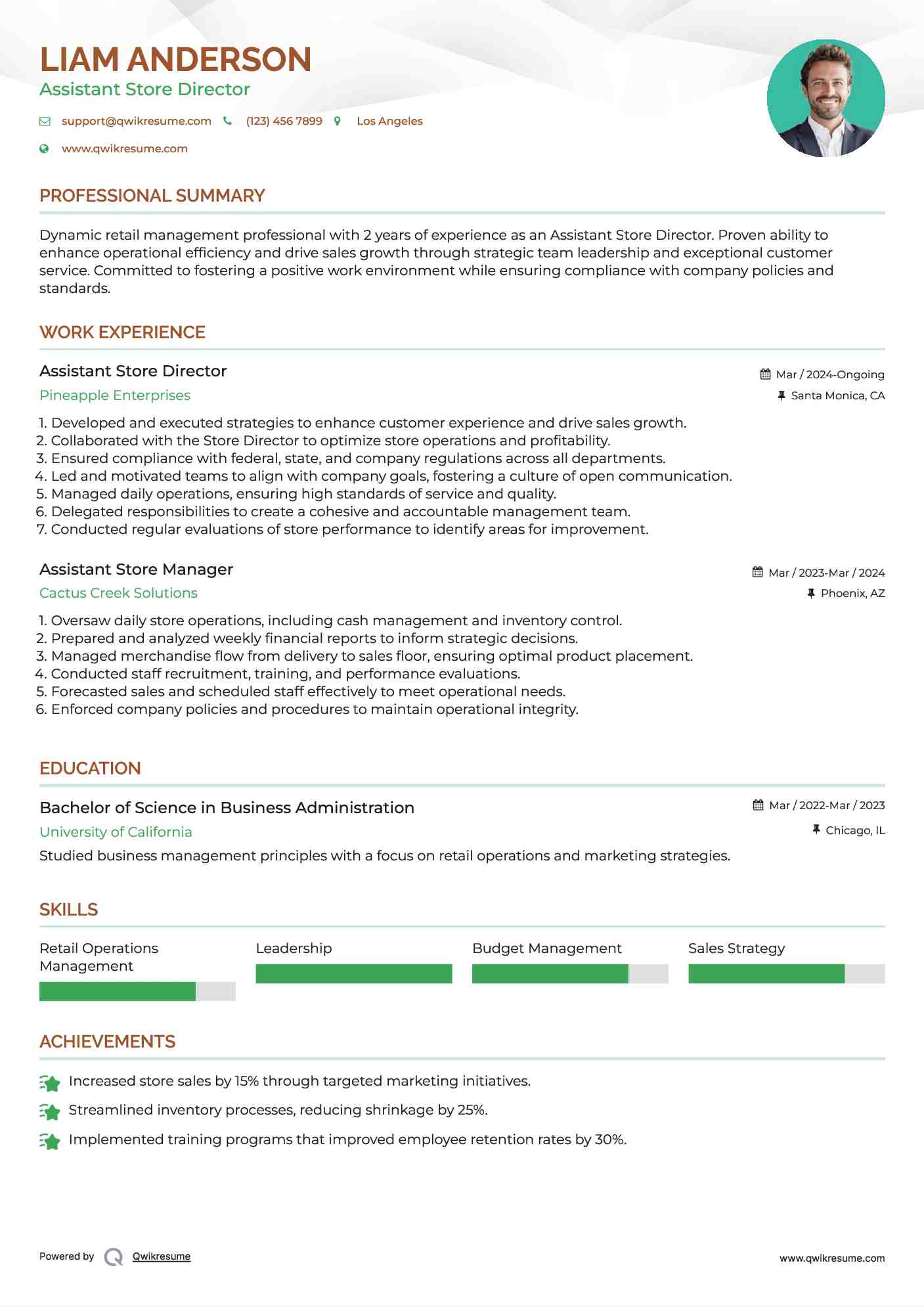 Assistant Store Director Resume Sample