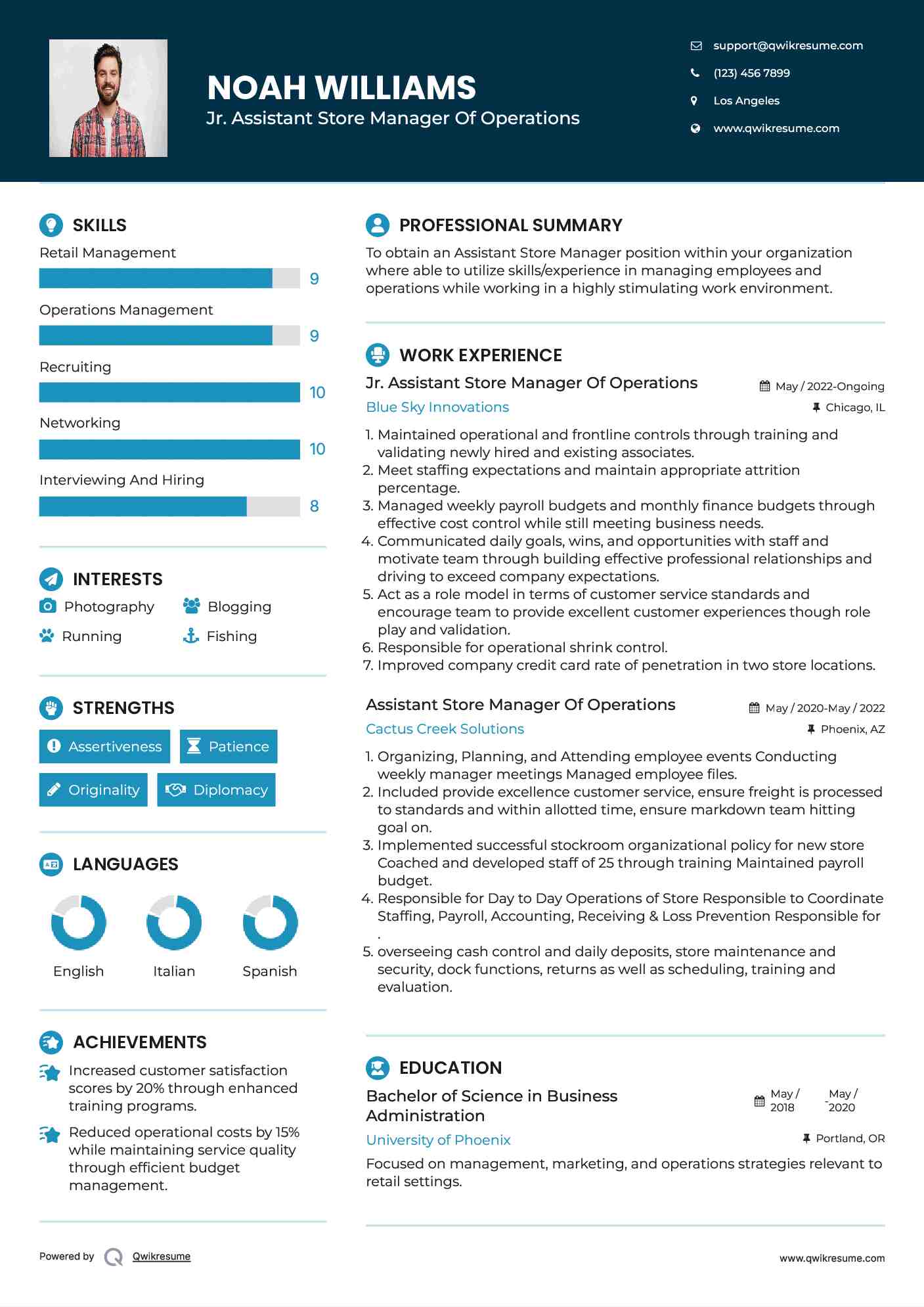 Jr. Assistant Store Manager Of Operations Resume Format