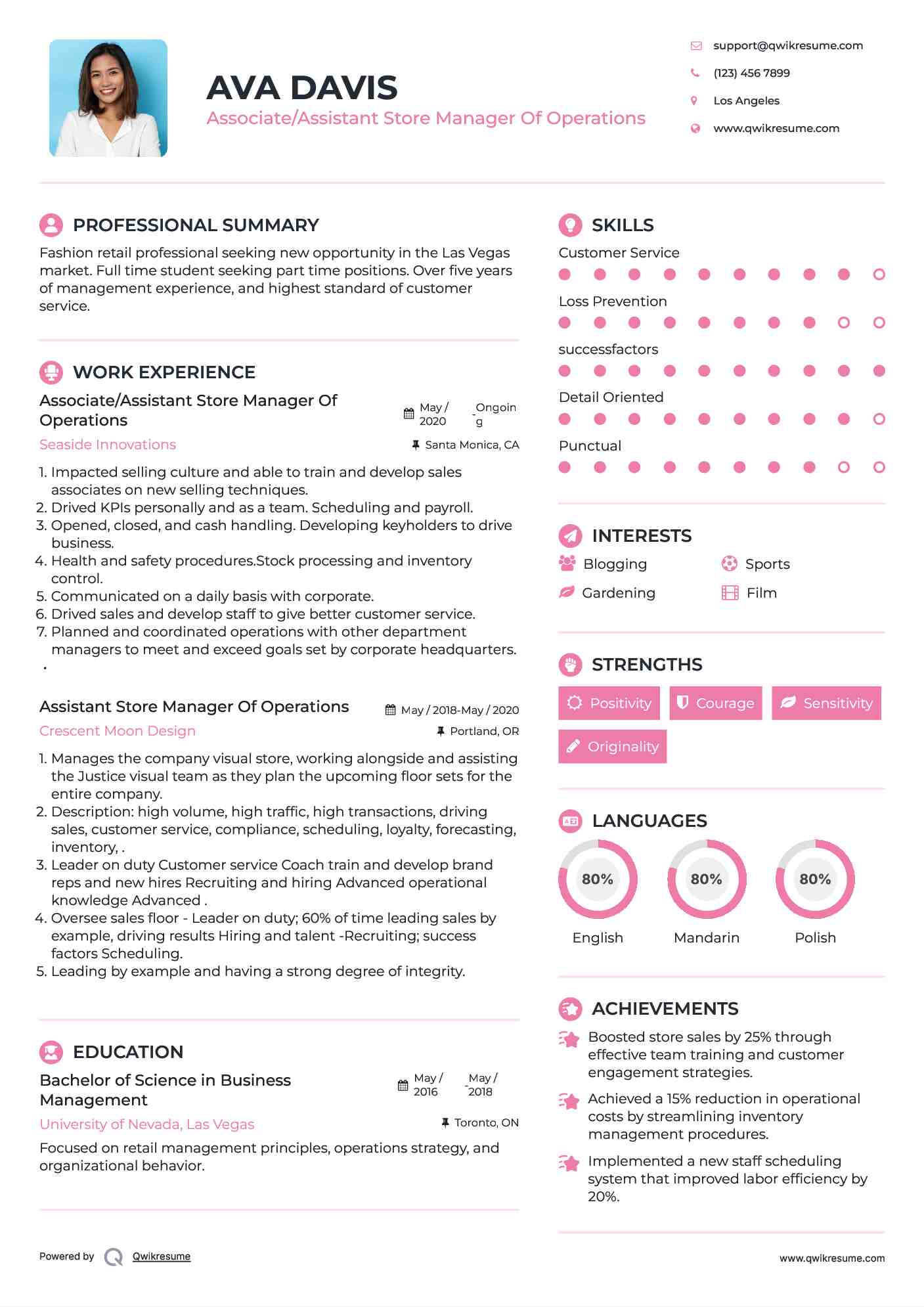 Associate/Assistant Store Manager Of Operations Resume Template