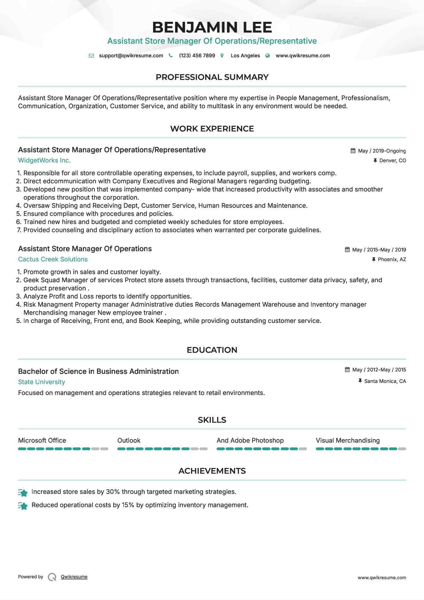 Assistant Store Manager Of Operations/Representative Resume Sample