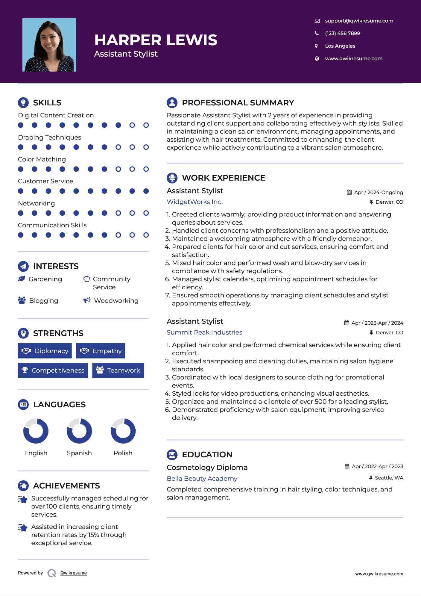 Assistant Stylist Resume Example