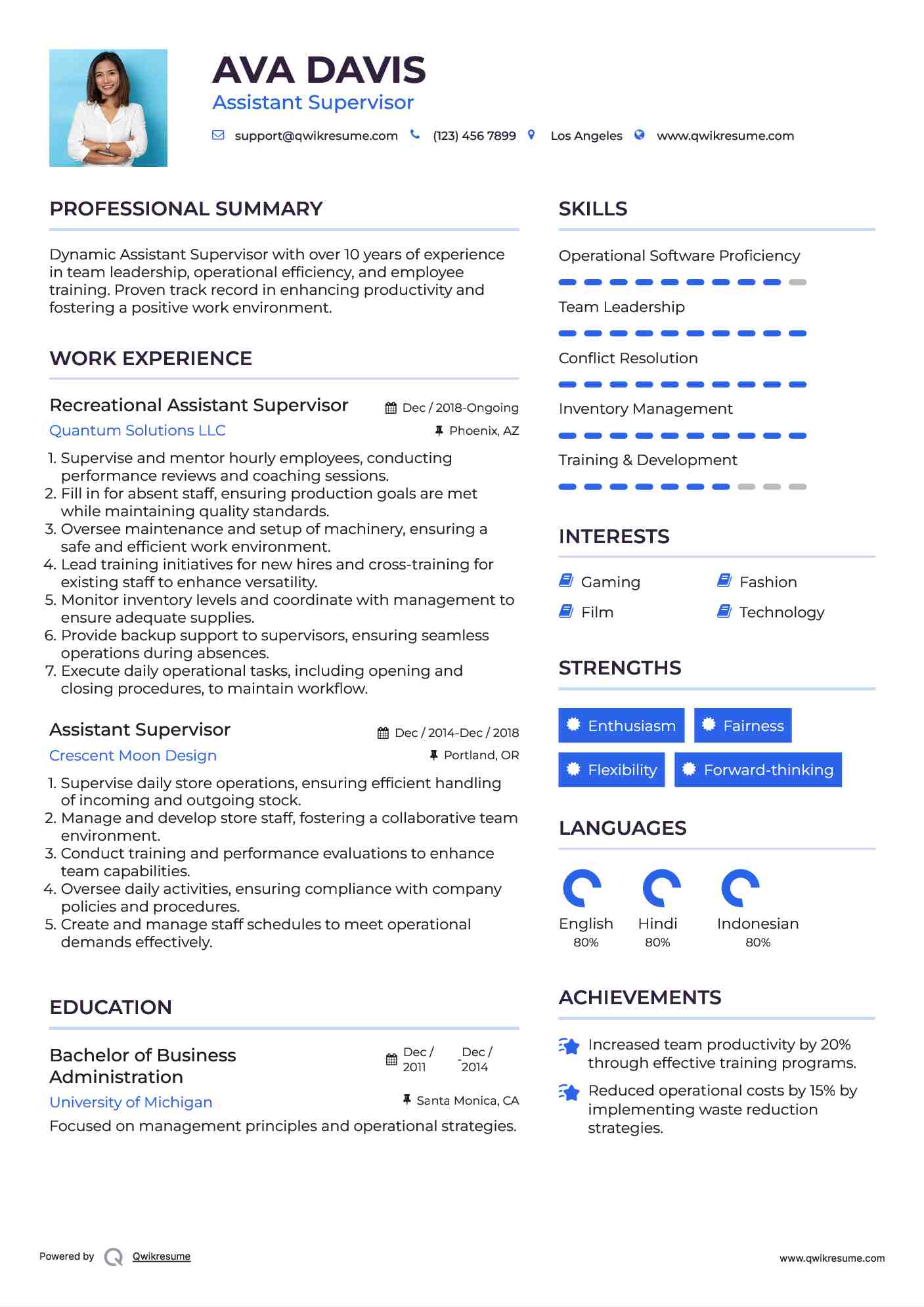 Recreational Assistant Supervisor Resume Example