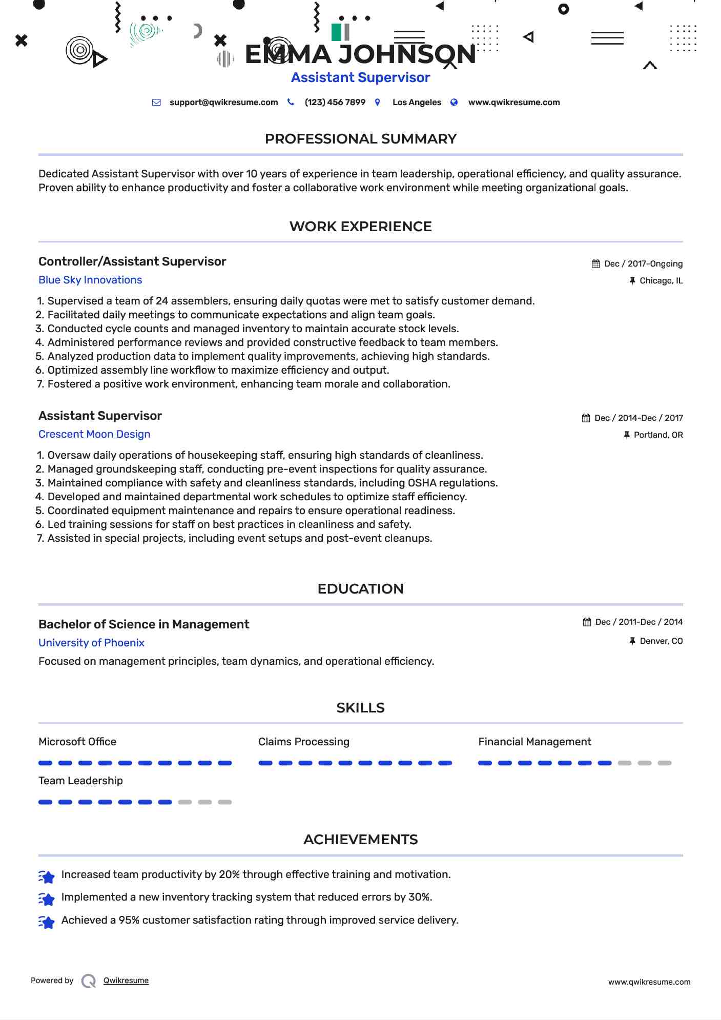 Controller/Assistant Supervisor Resume Model