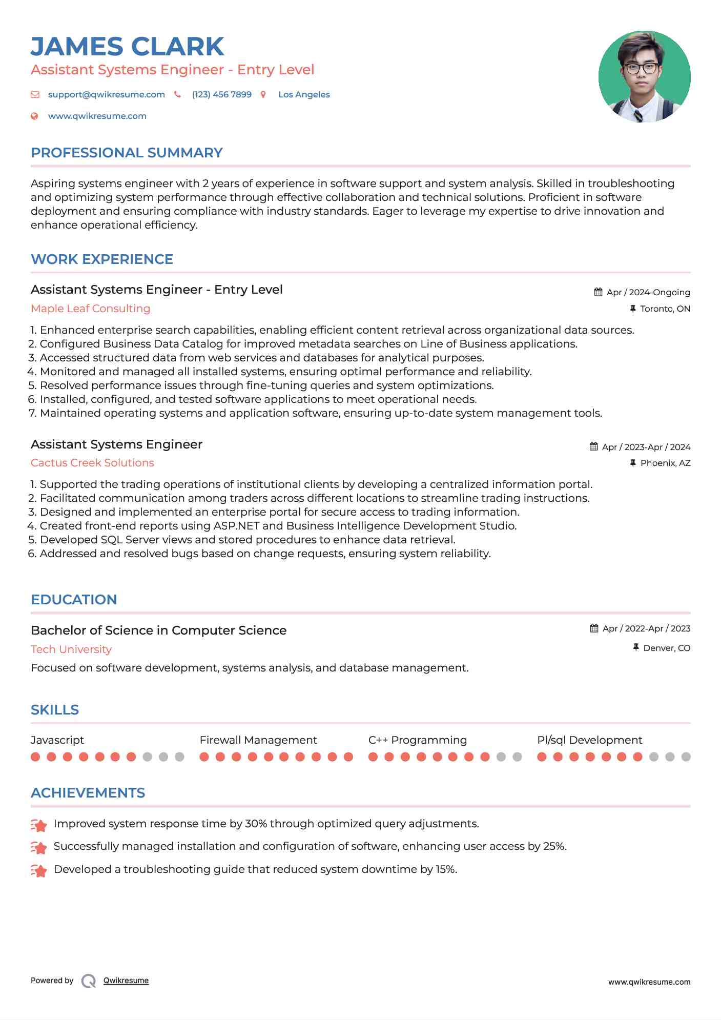 Assistant Systems Engineer - Entry Level Resume Example