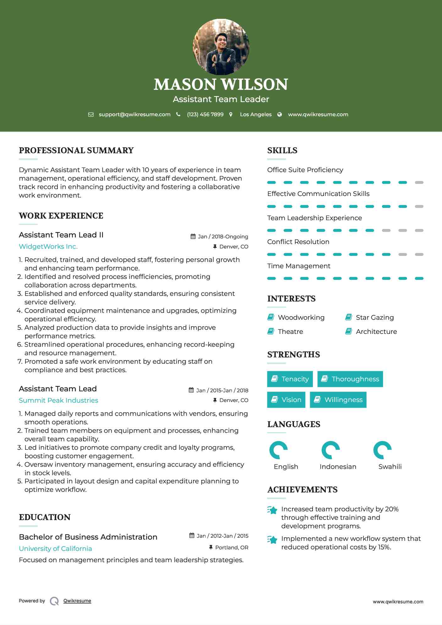 Assistant Team Lead II Resume Model