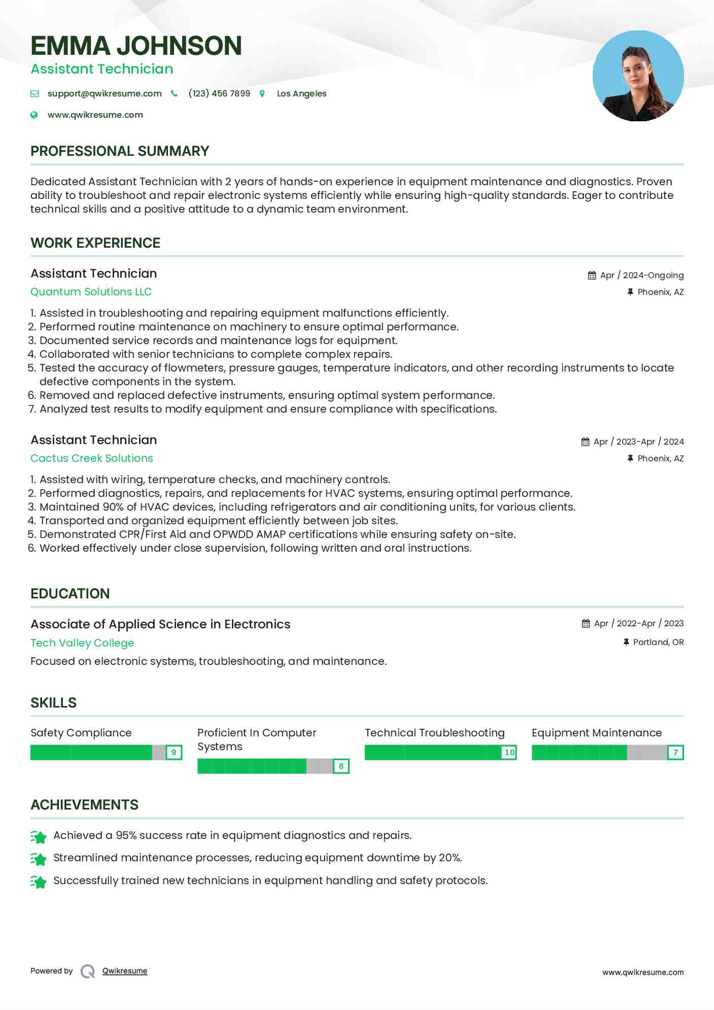 Assistant Technician Resume Sample