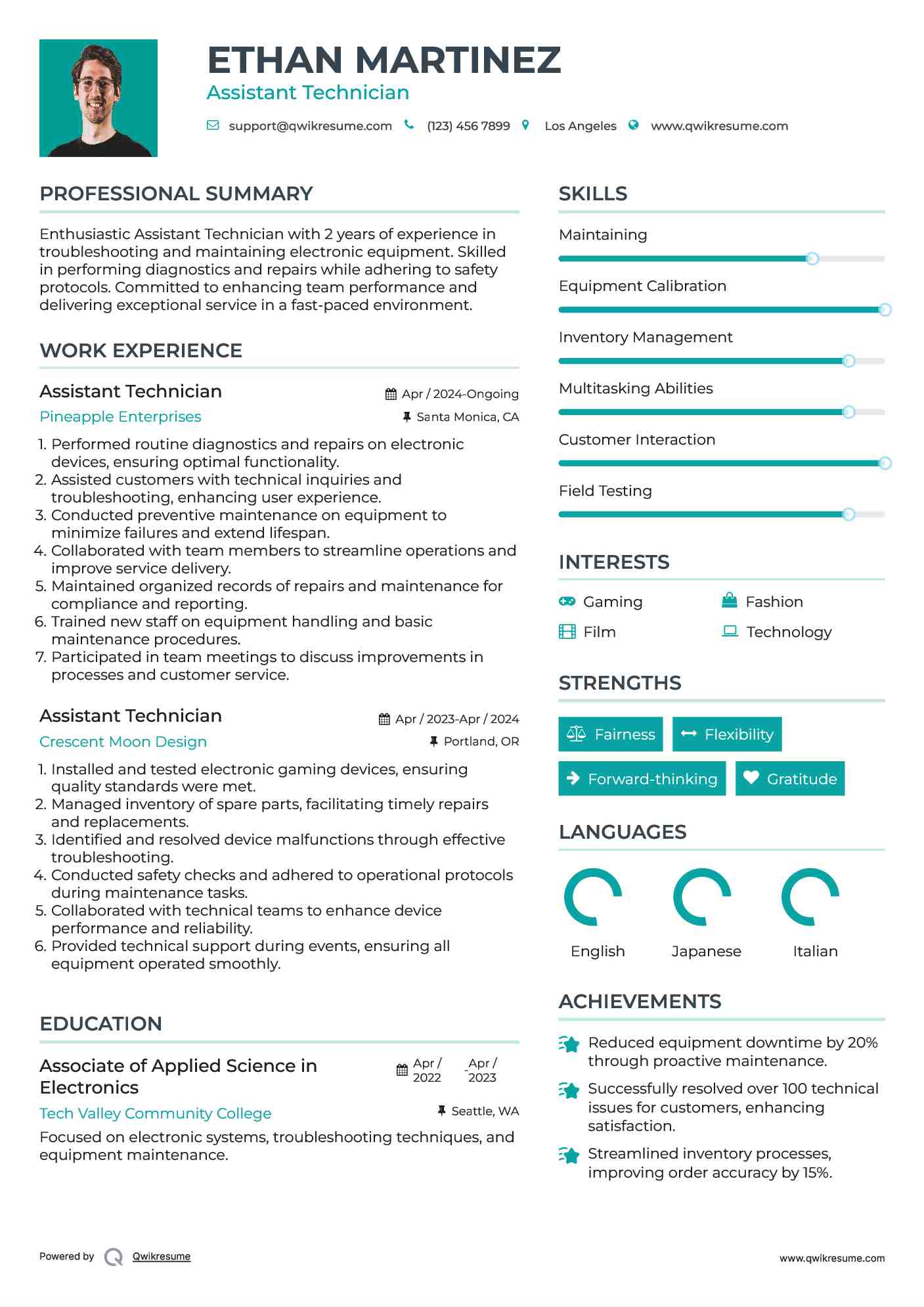 Assistant Technician Resume Sample