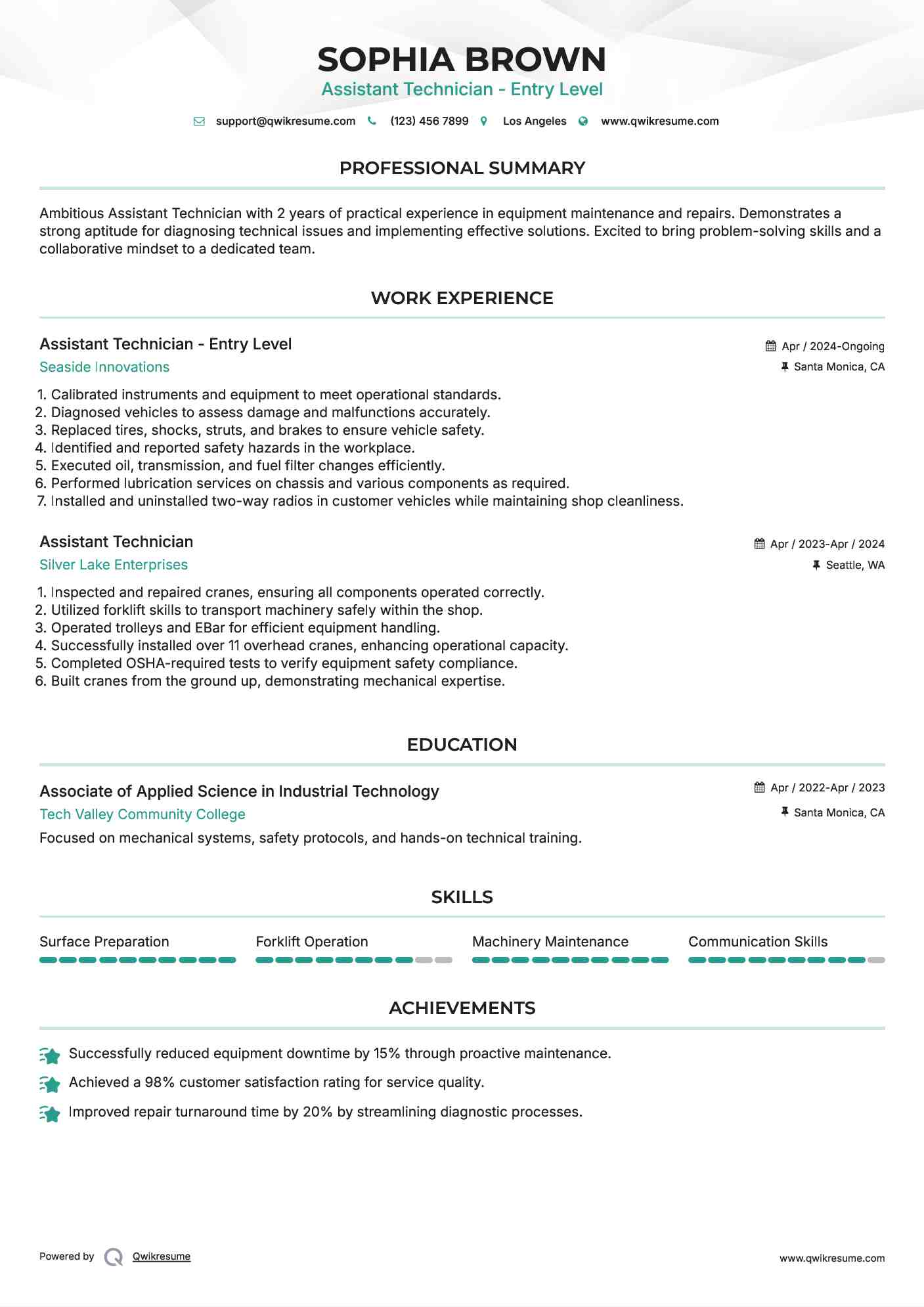 Assistant Technician - Entry Level Resume Model
