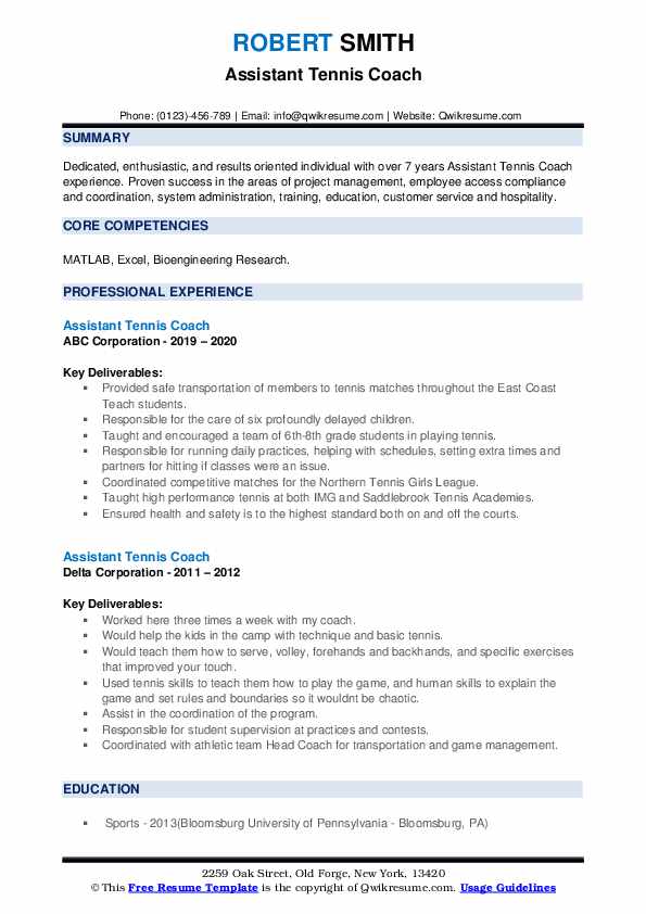 Assistant Tennis Coach Resume Samples QwikResume