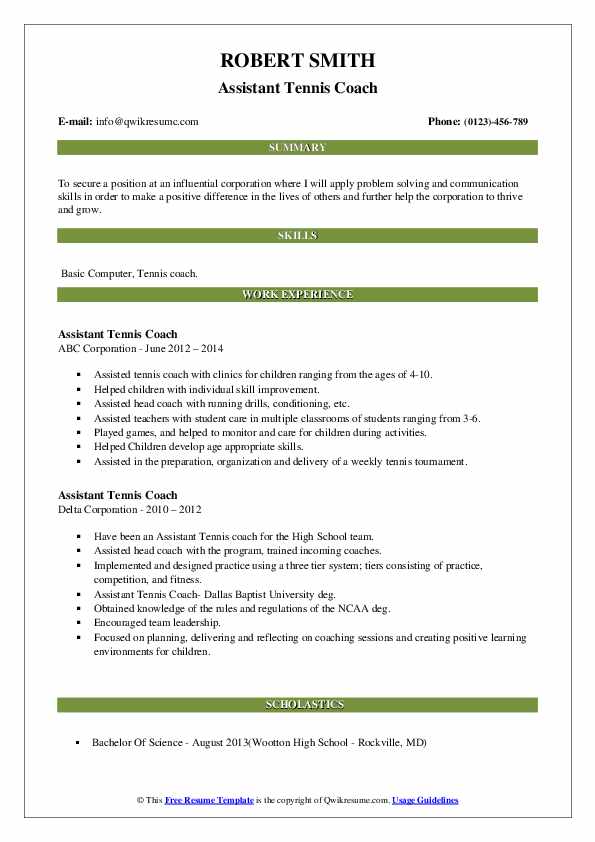 Assistant Tennis Coach Resume Samples QwikResume