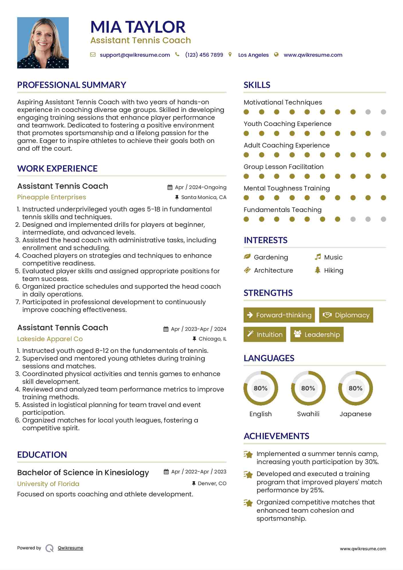 Assistant Tennis Coach Resume Model