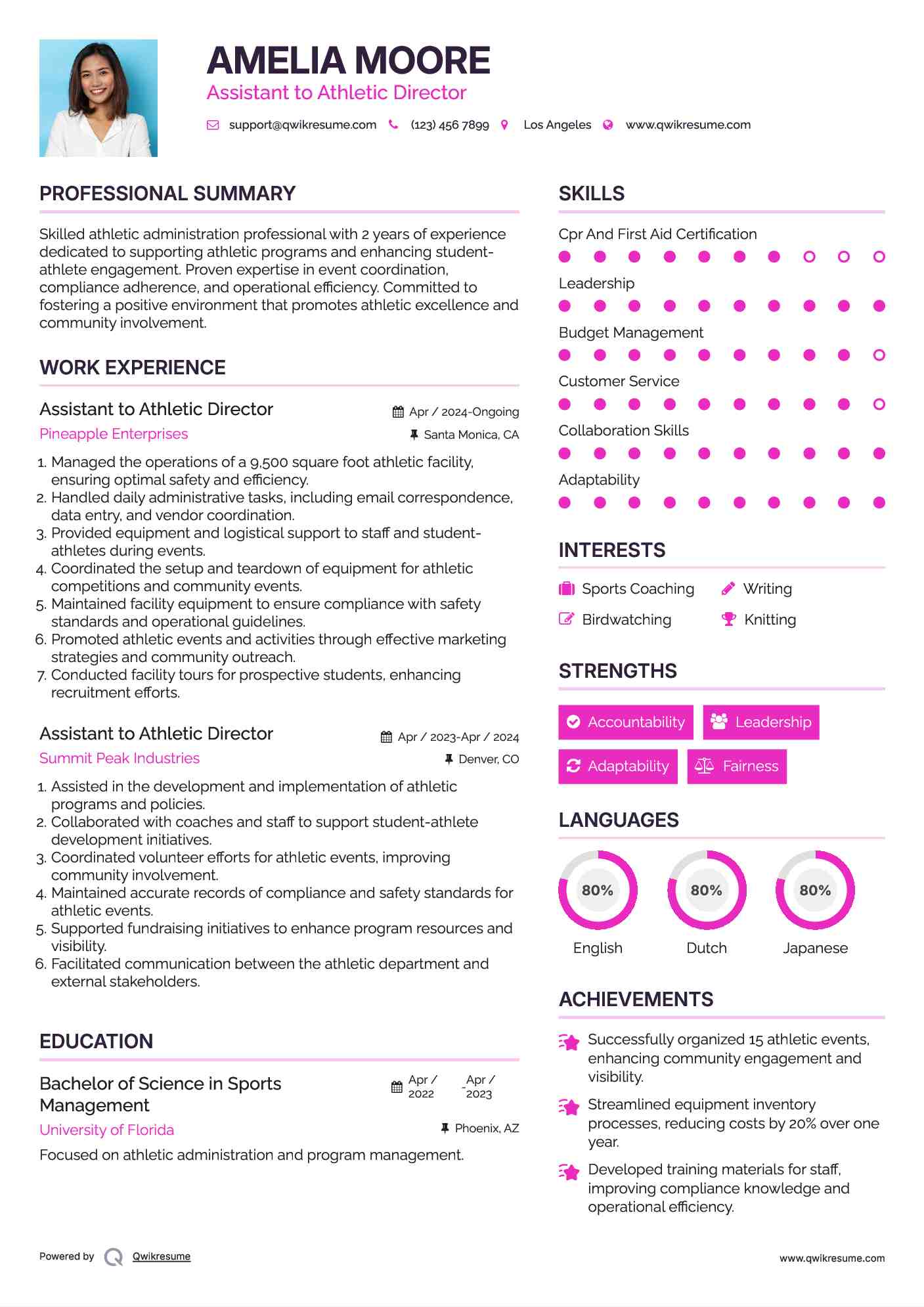 Assistant to Athletic Director Resume Format