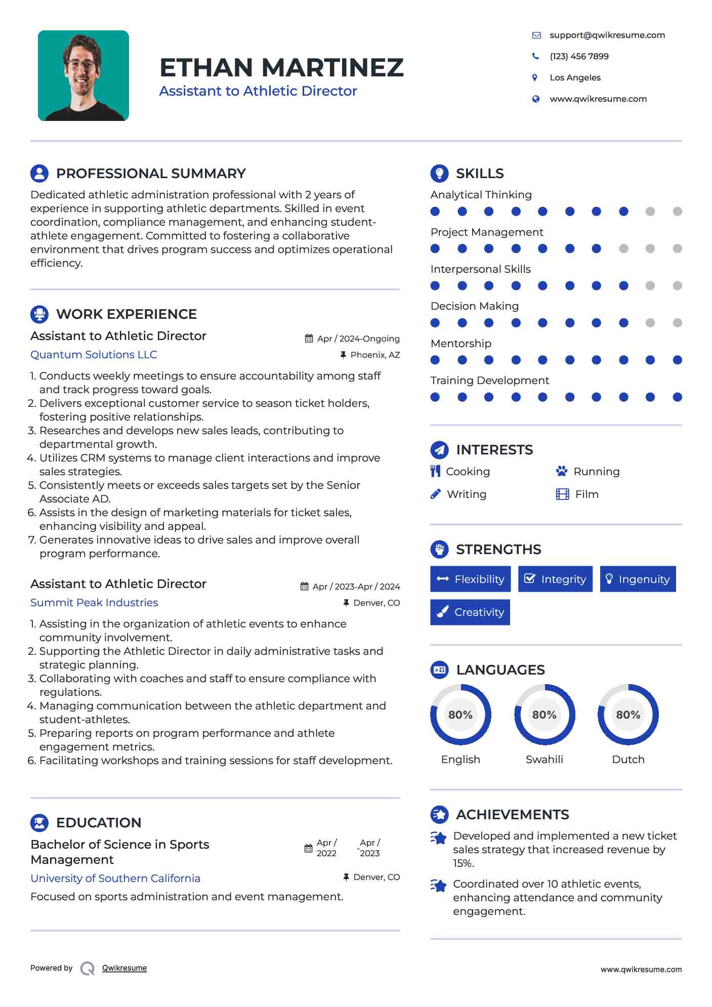 Assistant to Athletic Director Resume Template