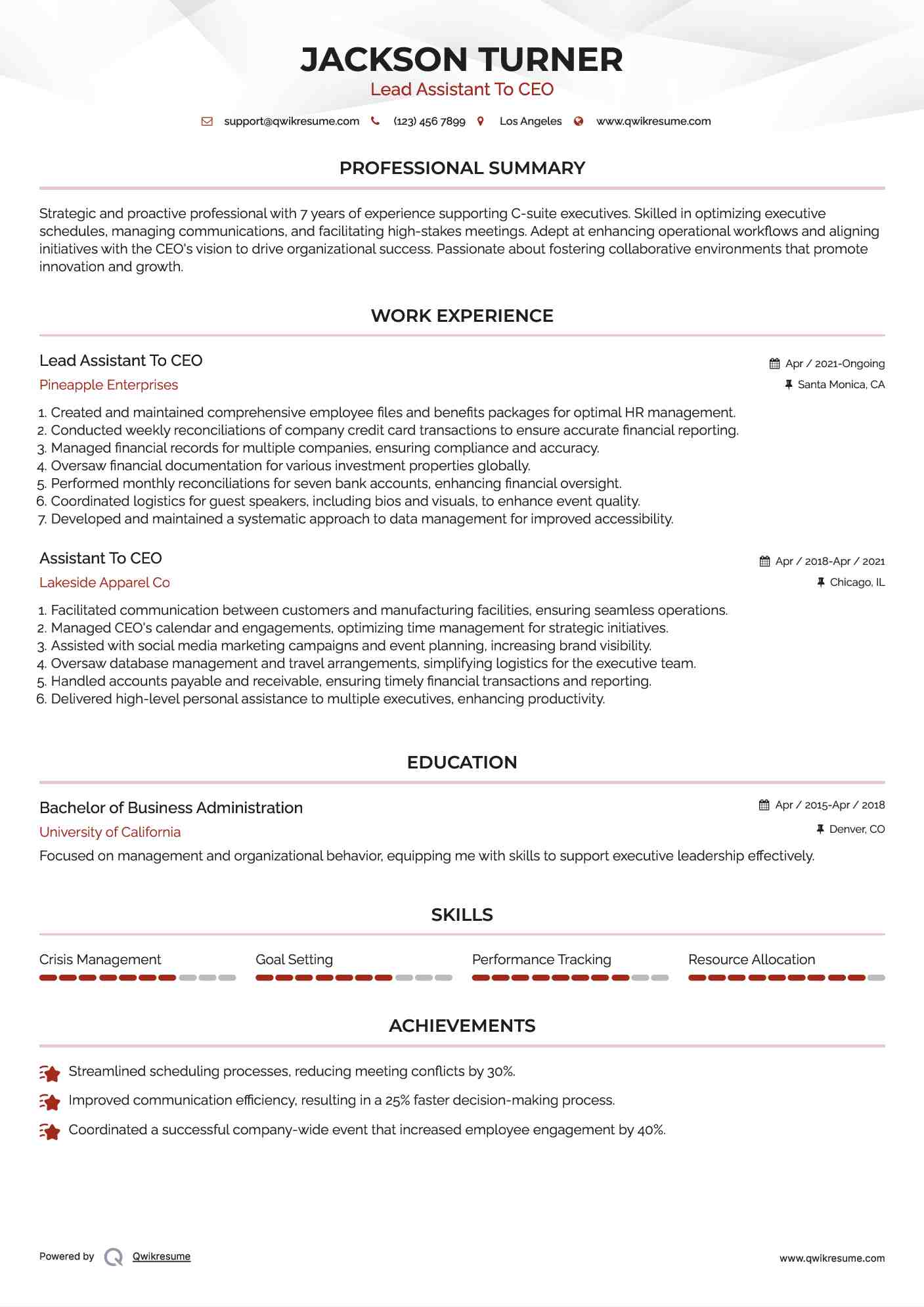 Lead Assistant To CEO Resume Model