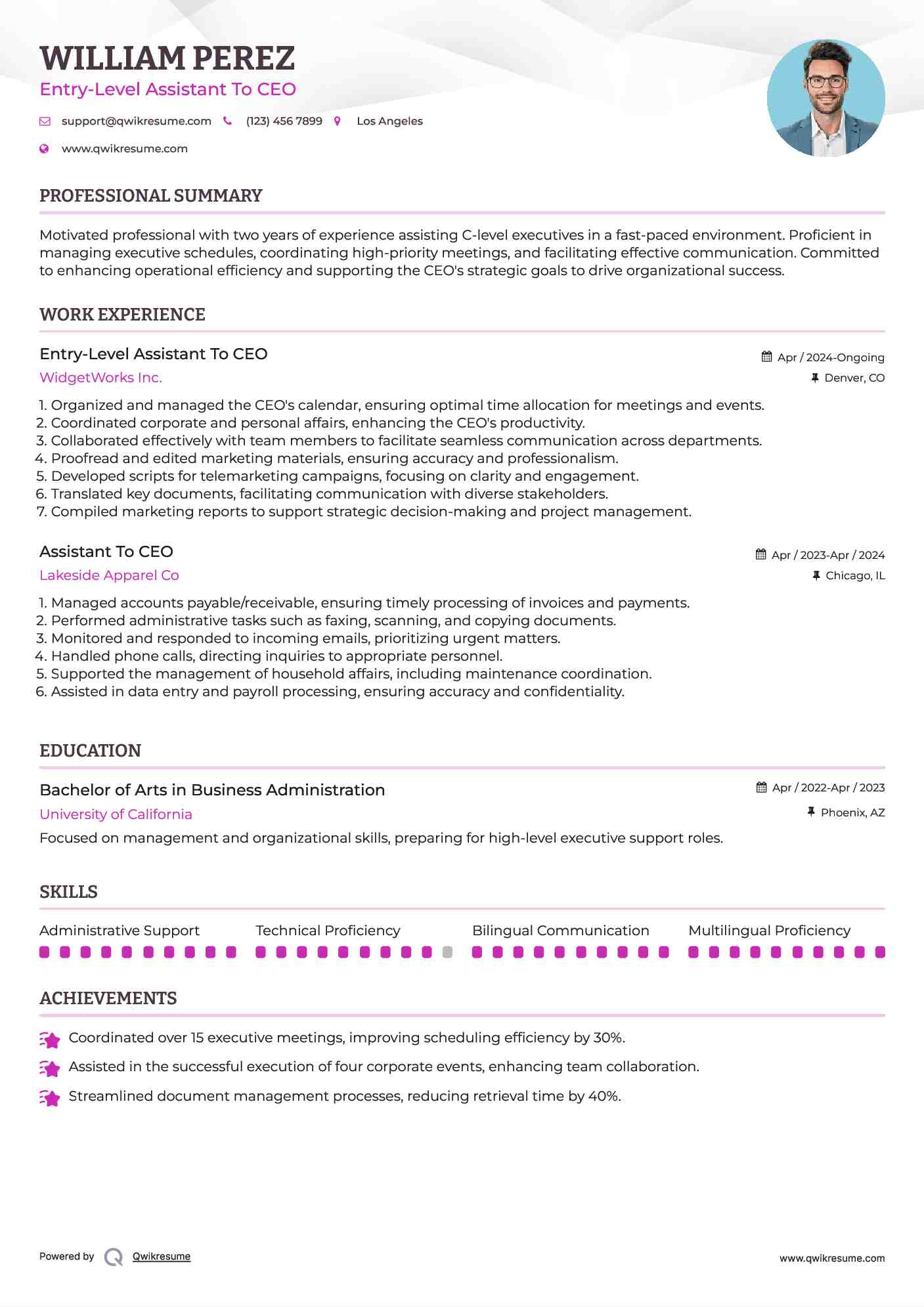 Entry-Level Assistant To CEO Resume Model